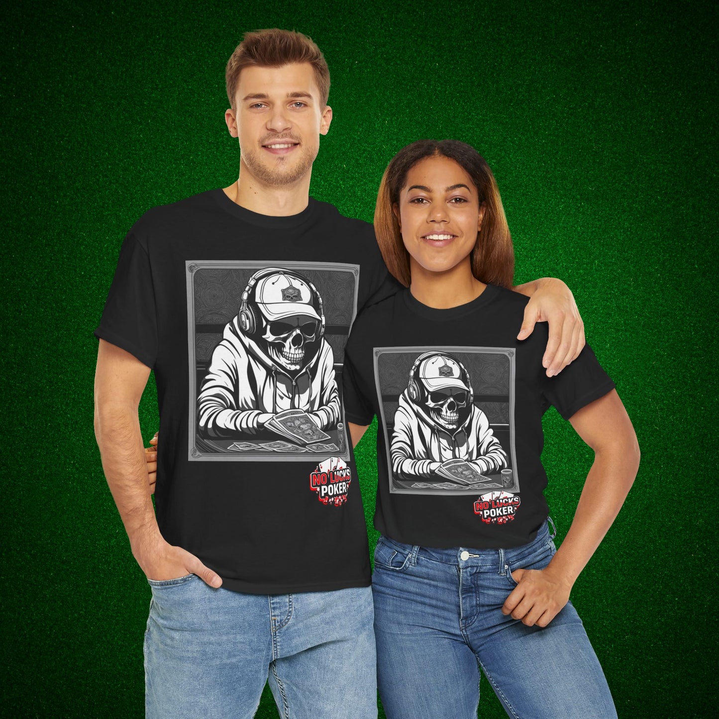 Poker Skull in hoodie and headphones unisex heavy cotton T-shirt No Lucks Given