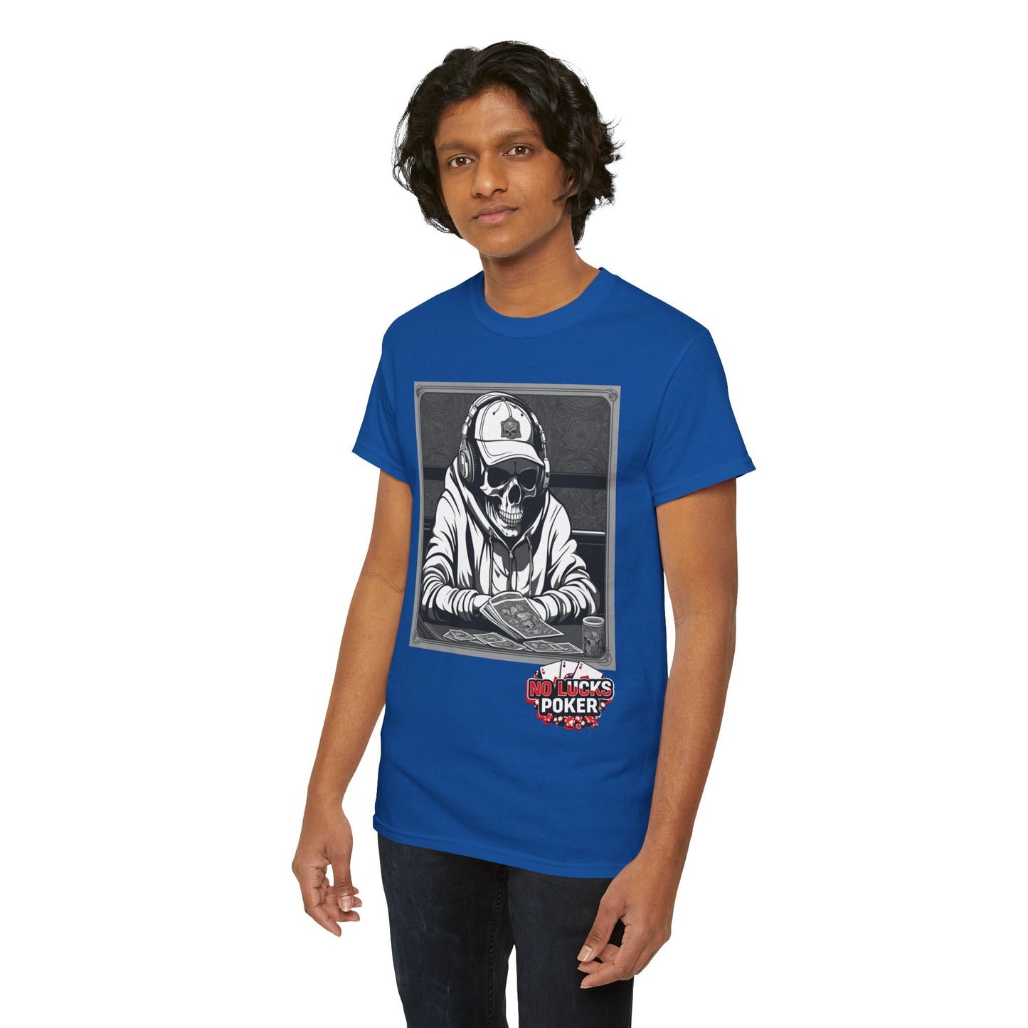 Poker Skull in hoodie and headphones unisex heavy cotton T-shirt No Lucks Given
