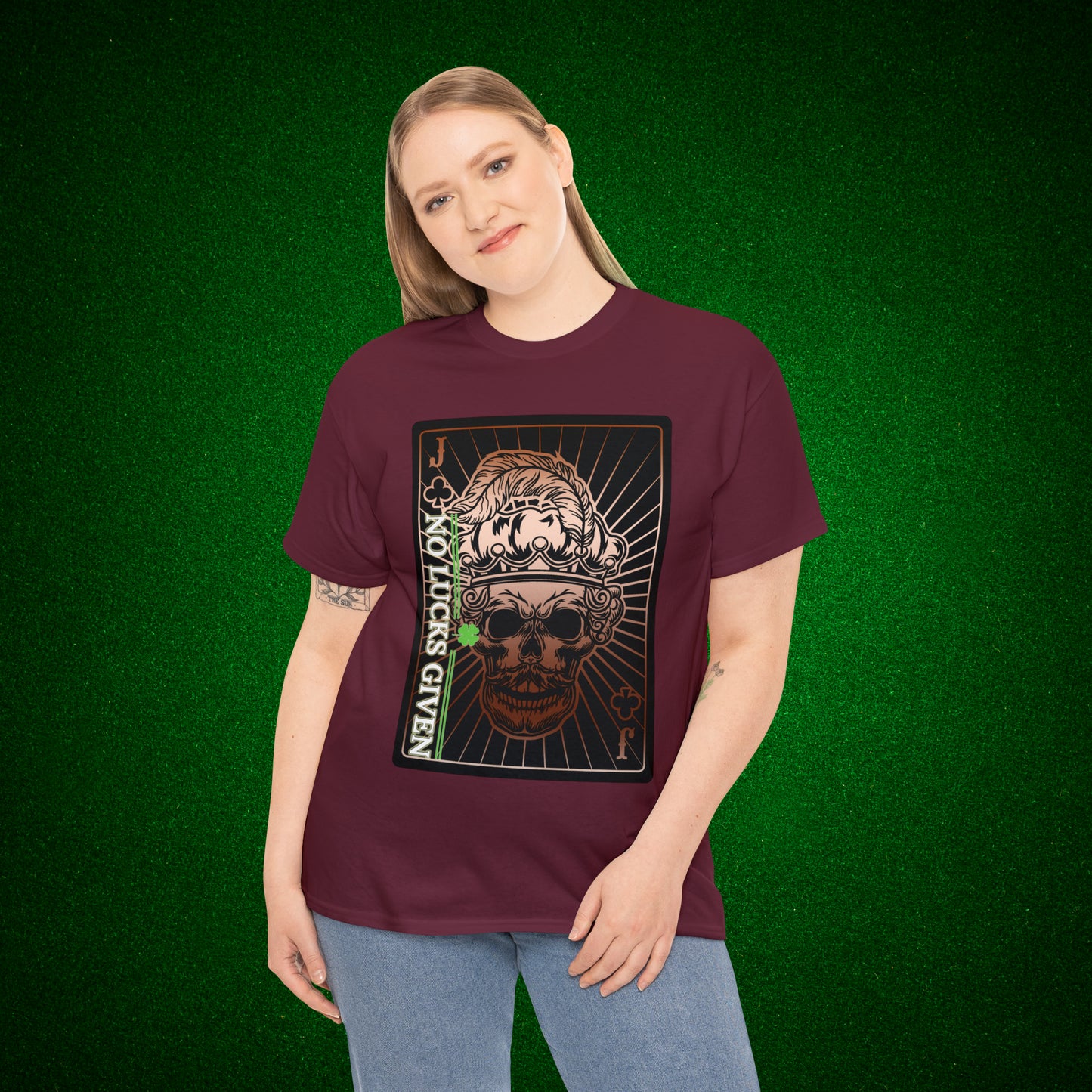 No Lucks Given Jack Skull in Crown of Clubs Copper Poker T-Shirt Must have Good Luck All-in