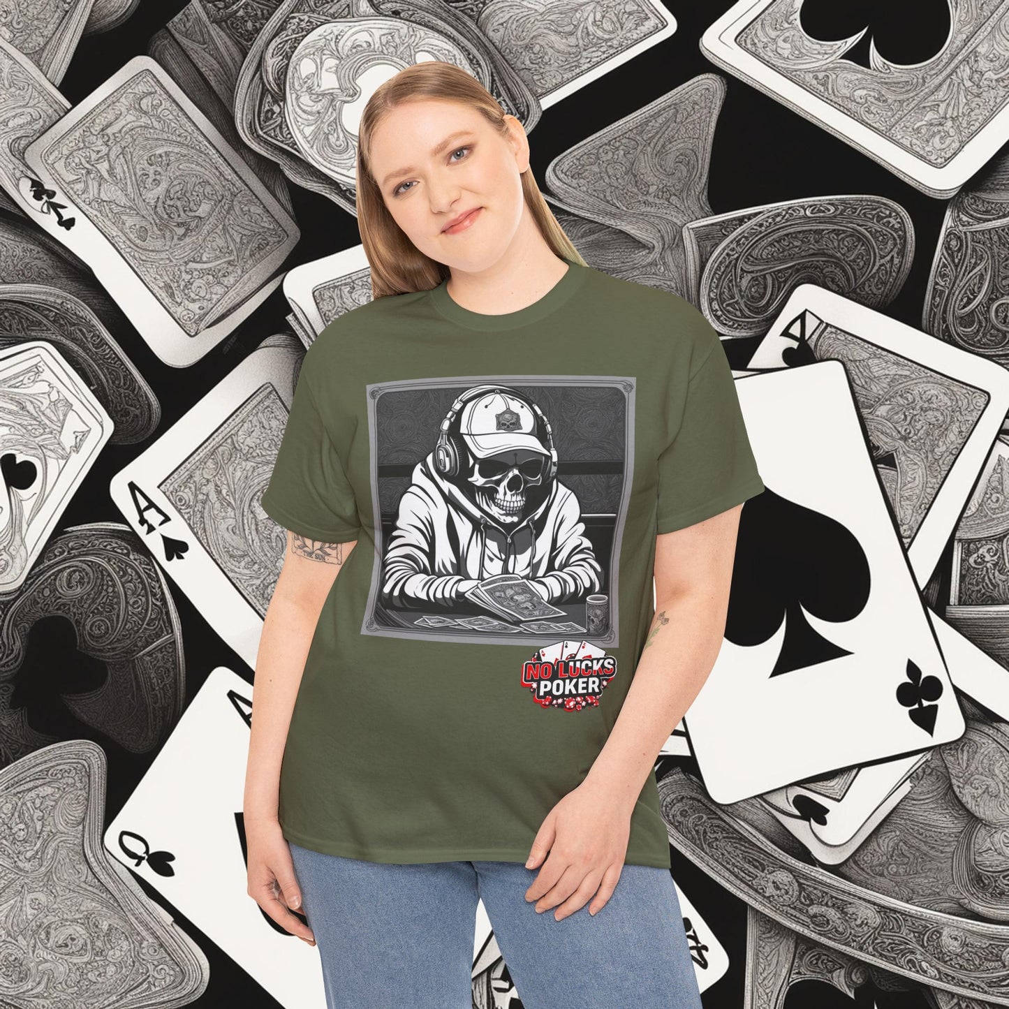 Poker Skull in hoodie and headphones unisex heavy cotton T-shirt No Lucks Given