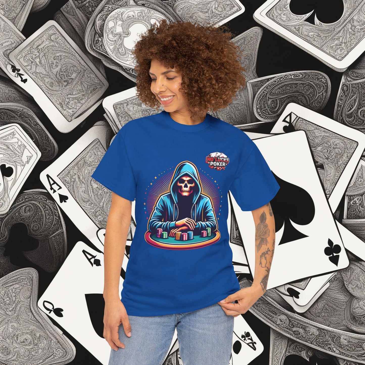 Poker Player with Skull at Poker Table 0 Lucks Given Unisex heavy cotton tee Poker Apparel