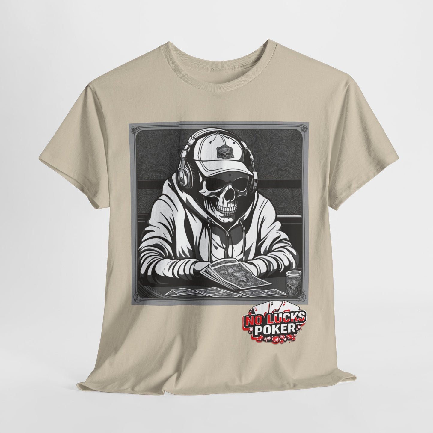 Poker Skull in hoodie and headphones unisex heavy cotton T-shirt No Lucks Given