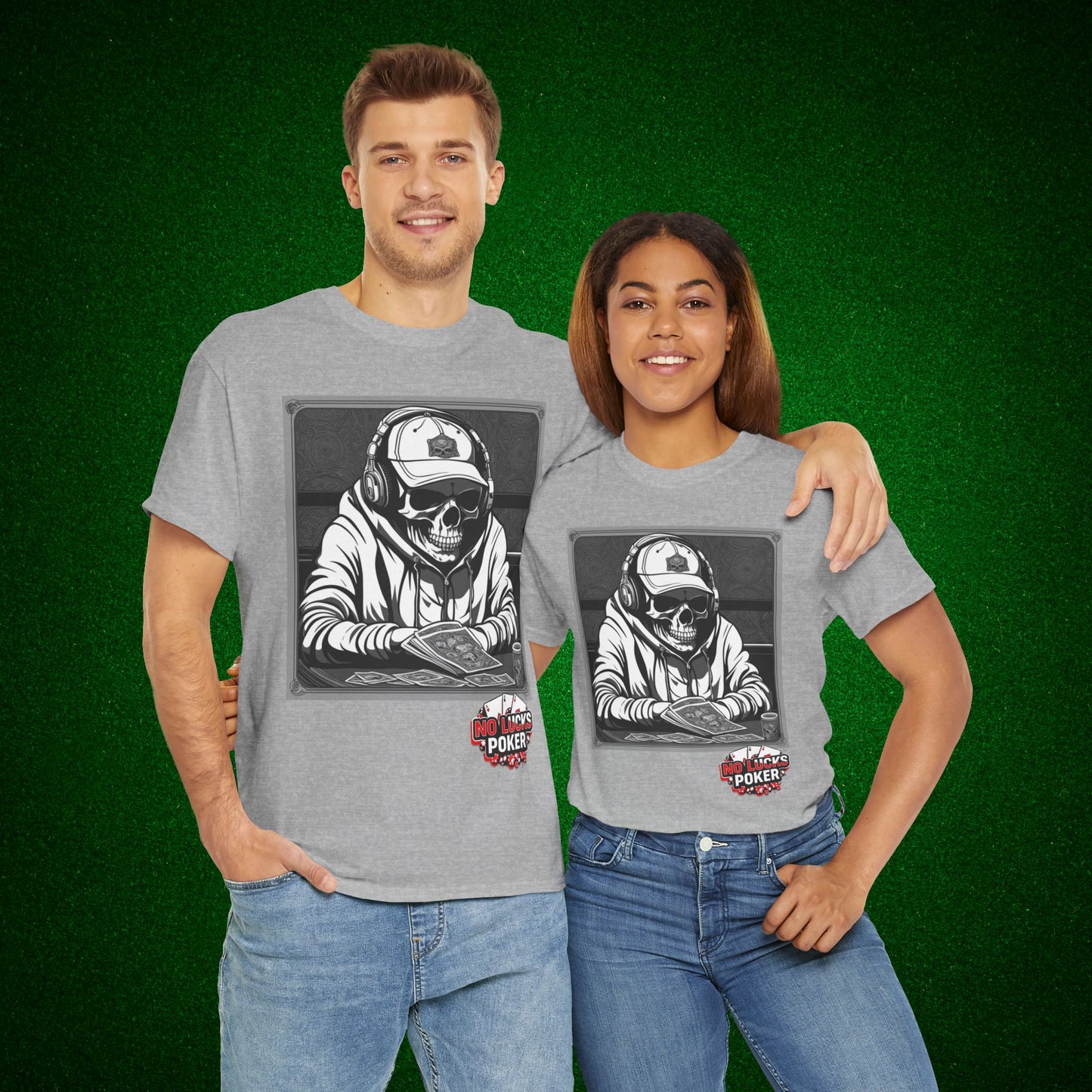 Poker Skull in hoodie and headphones unisex heavy cotton T-shirt No Lucks Given