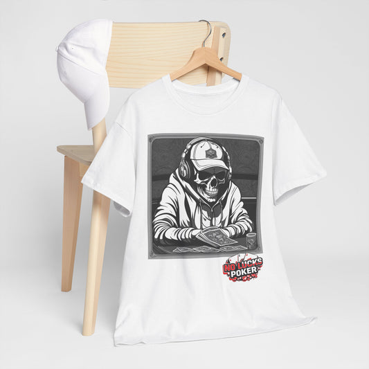 Poker Skull in hoodie and headphones unisex heavy cotton T-shirt No Lucks Given