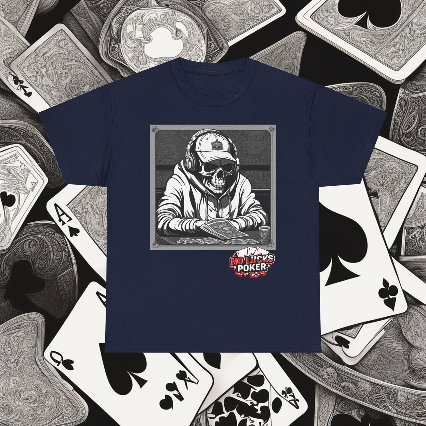 Poker Skull in hoodie and headphones unisex heavy cotton T-shirt No Lucks Given