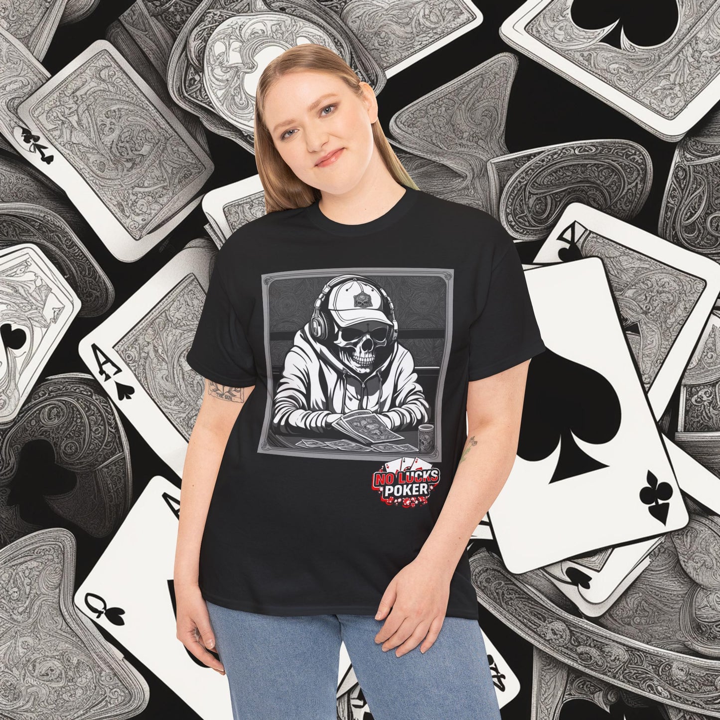 Poker Skull in hoodie and headphones unisex heavy cotton T-shirt No Lucks Given