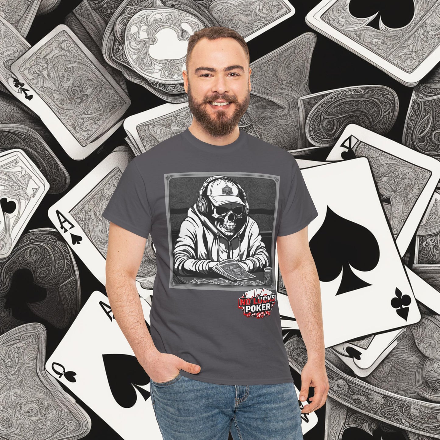 Poker Skull in hoodie and headphones unisex heavy cotton T-shirt No Lucks Given