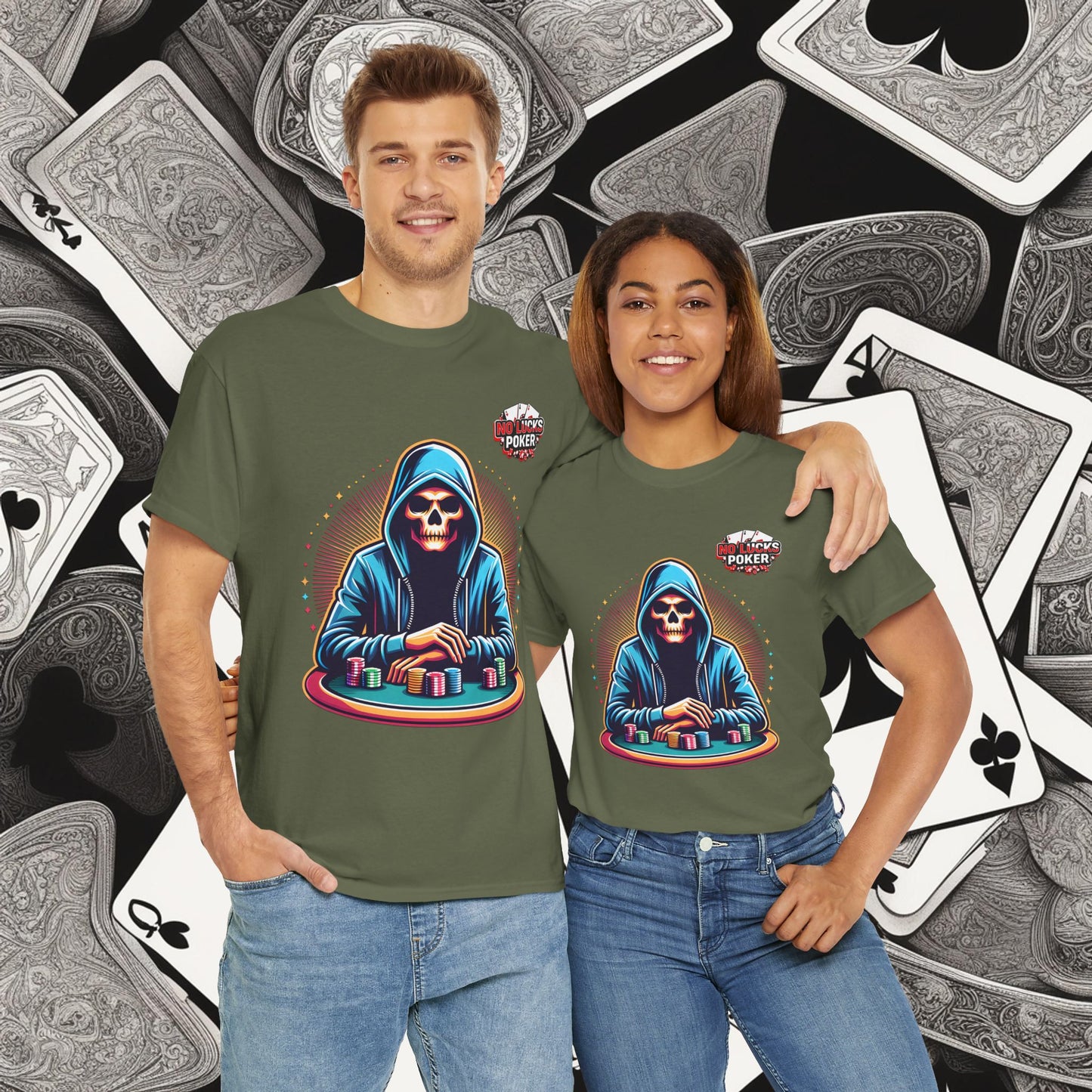 Poker Player with Skull at Poker Table 0 Lucks Given Unisex heavy cotton tee Poker Apparel