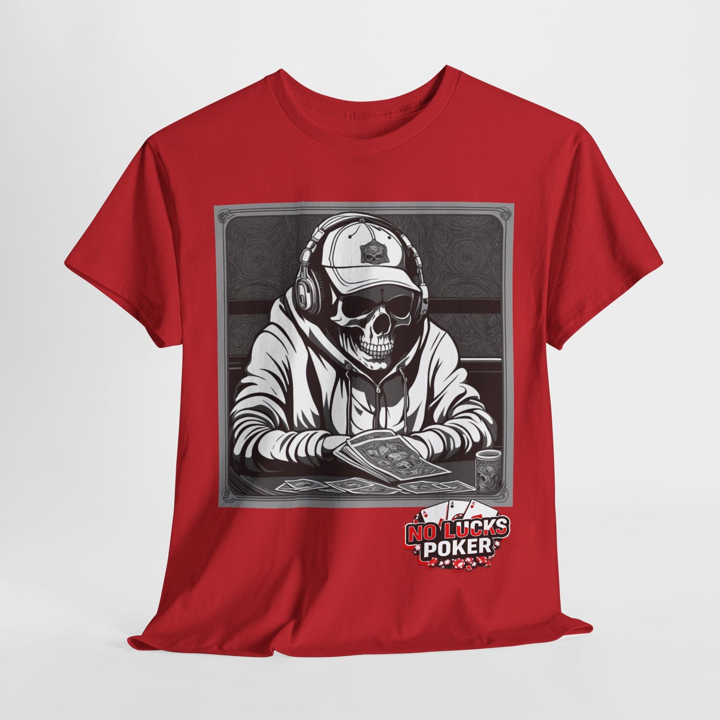 Poker Skull in hoodie and headphones unisex heavy cotton T-shirt No Lucks Given