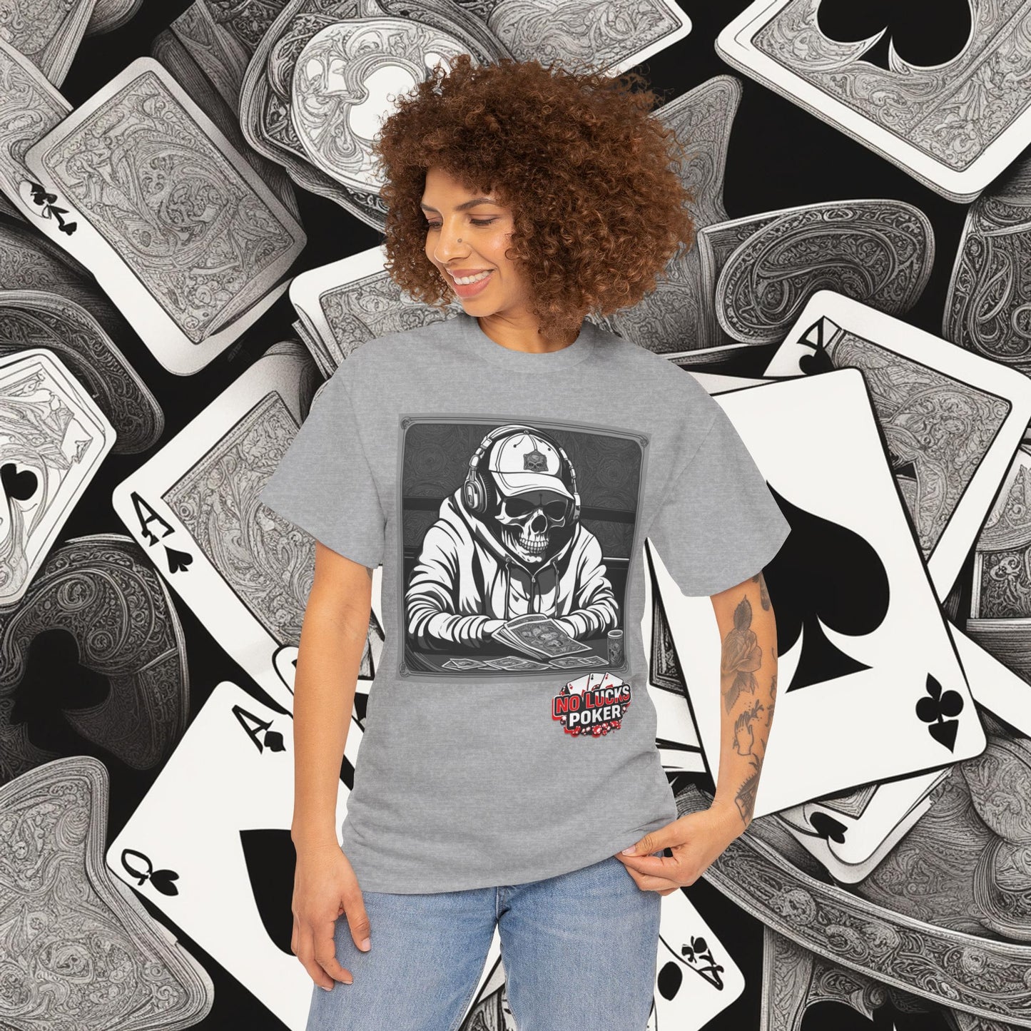 Poker Skull in hoodie and headphones unisex heavy cotton T-shirt No Lucks Given