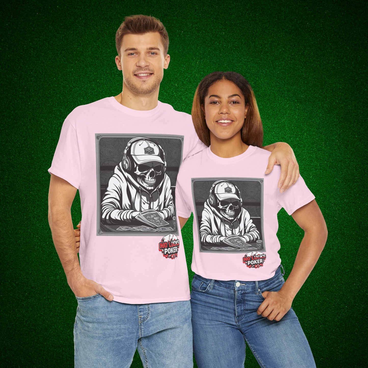 Poker Skull in hoodie and headphones unisex heavy cotton T-shirt No Lucks Given