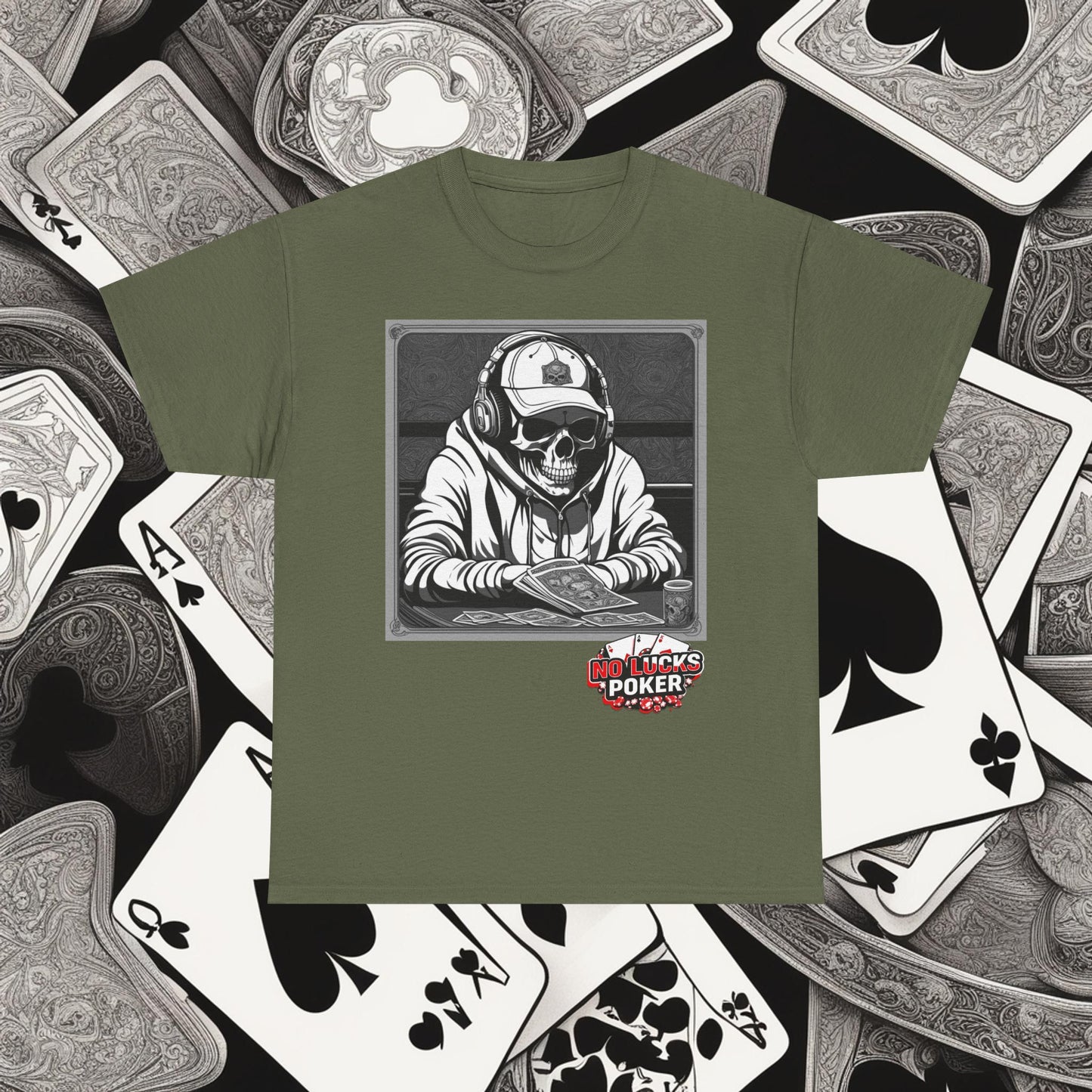 Poker Skull in hoodie and headphones unisex heavy cotton T-shirt No Lucks Given