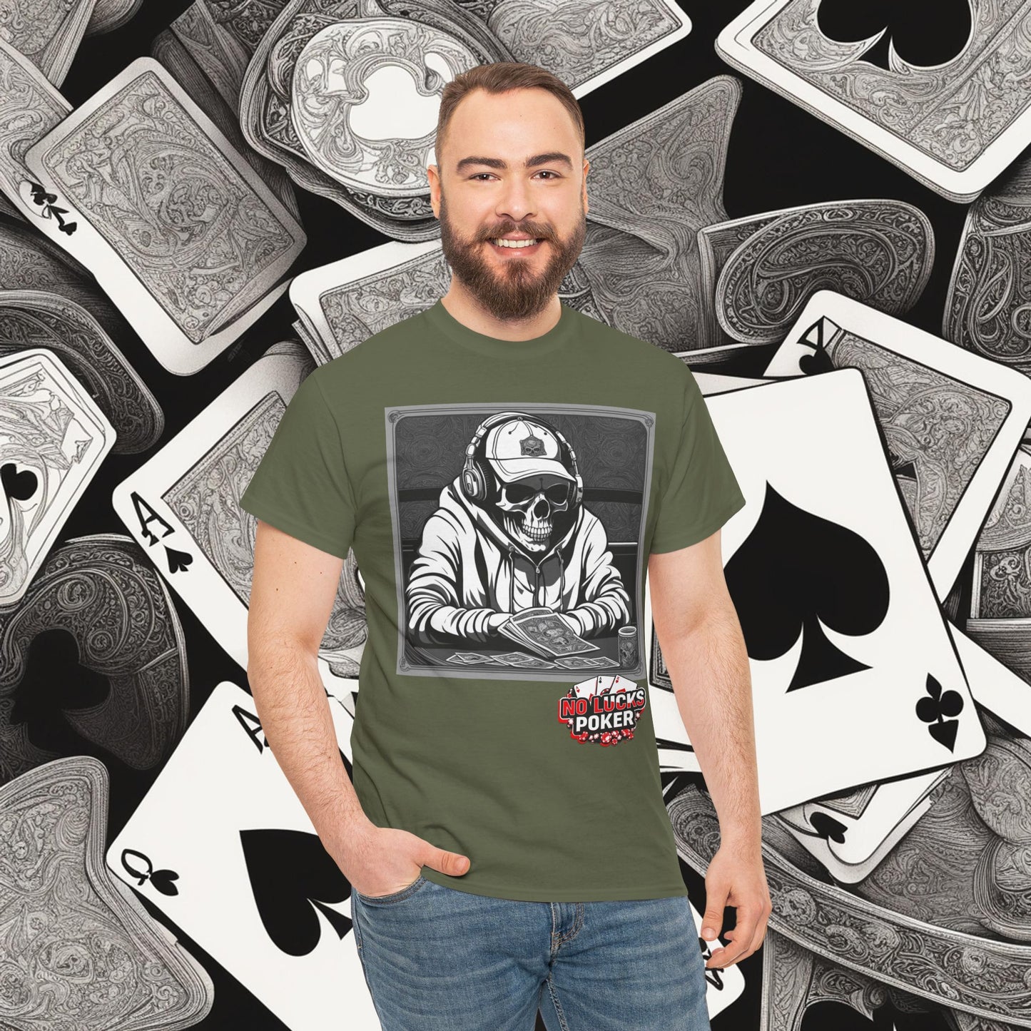 Poker Skull in hoodie and headphones unisex heavy cotton T-shirt No Lucks Given