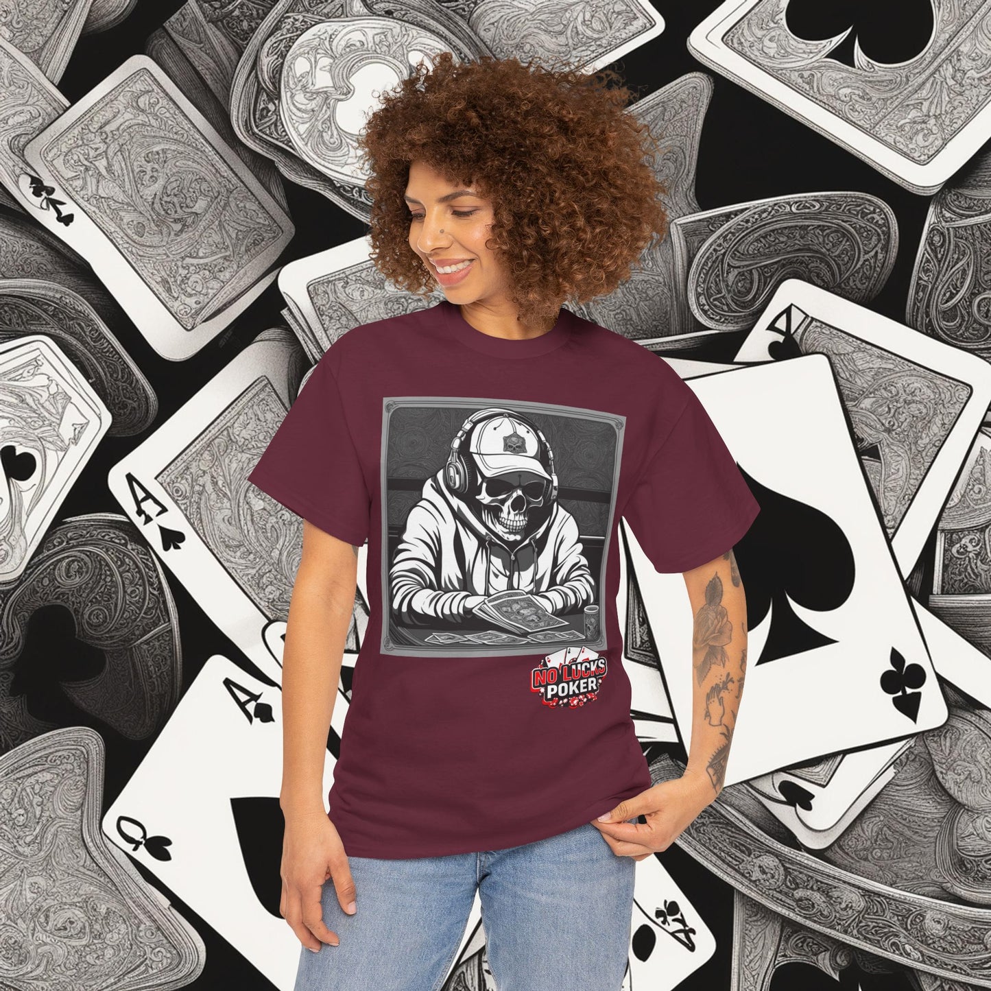 Poker Skull in hoodie and headphones unisex heavy cotton T-shirt No Lucks Given