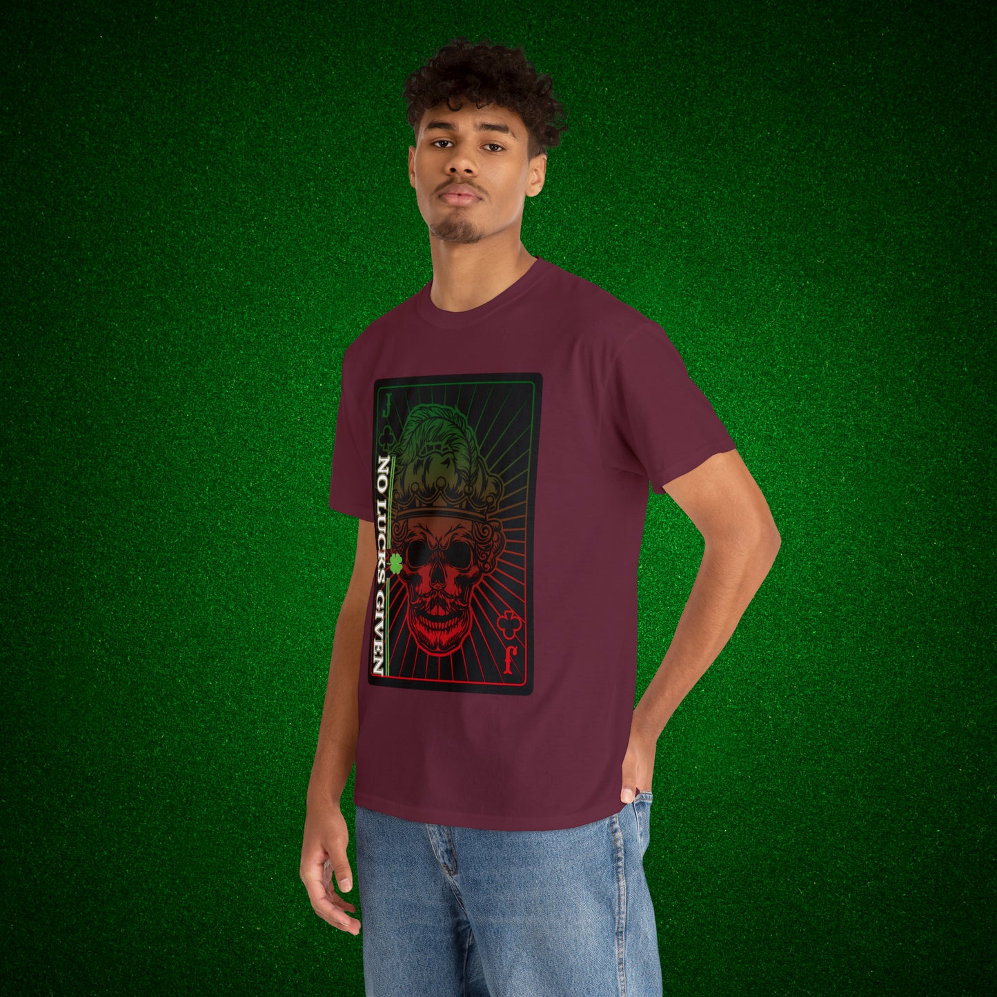 No Lucks Given Jack Skull in Crown of Clubs Green Red Poker T-Shirt Must have Good Luck All-in