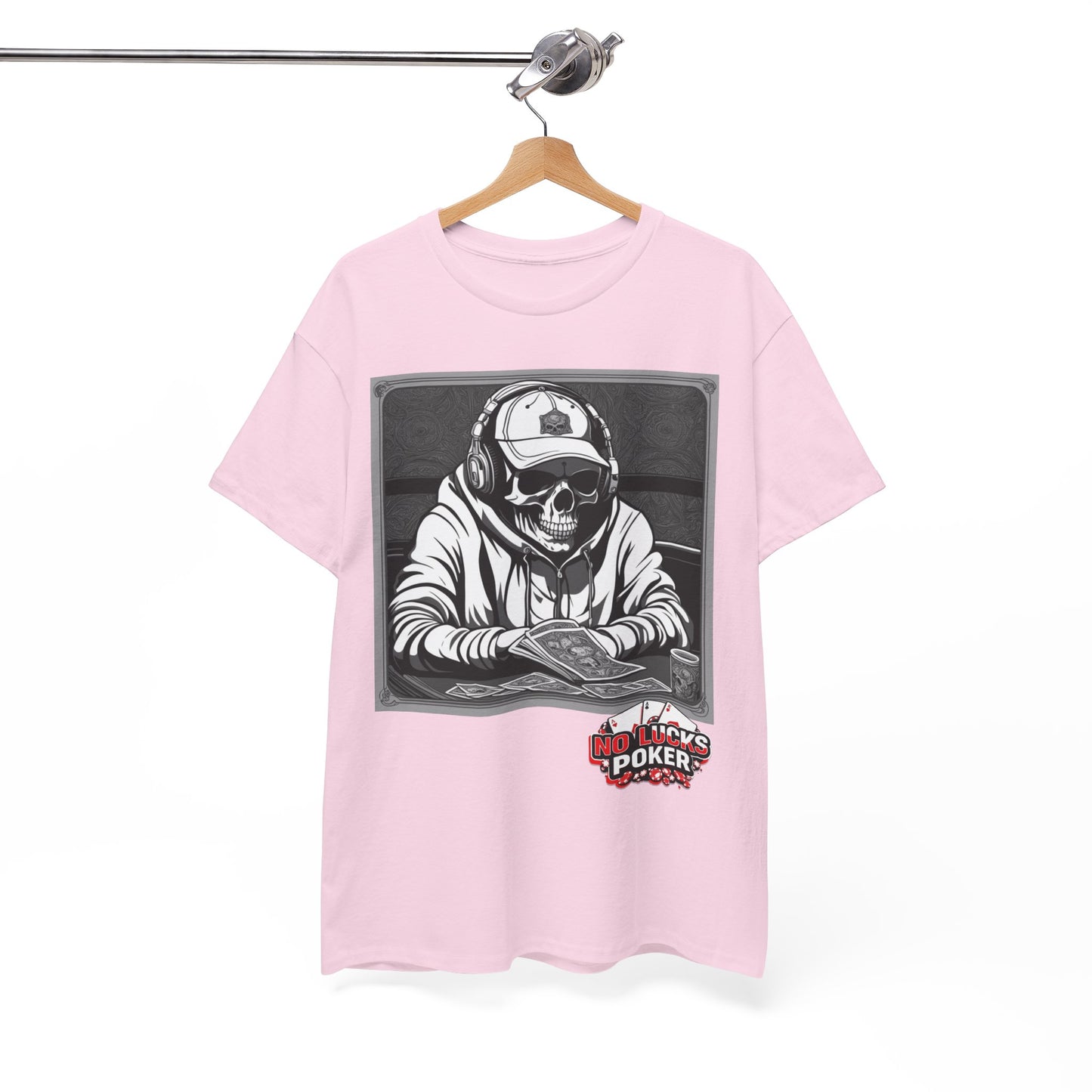 Poker Skull in hoodie and headphones unisex heavy cotton T-shirt No Lucks Given
