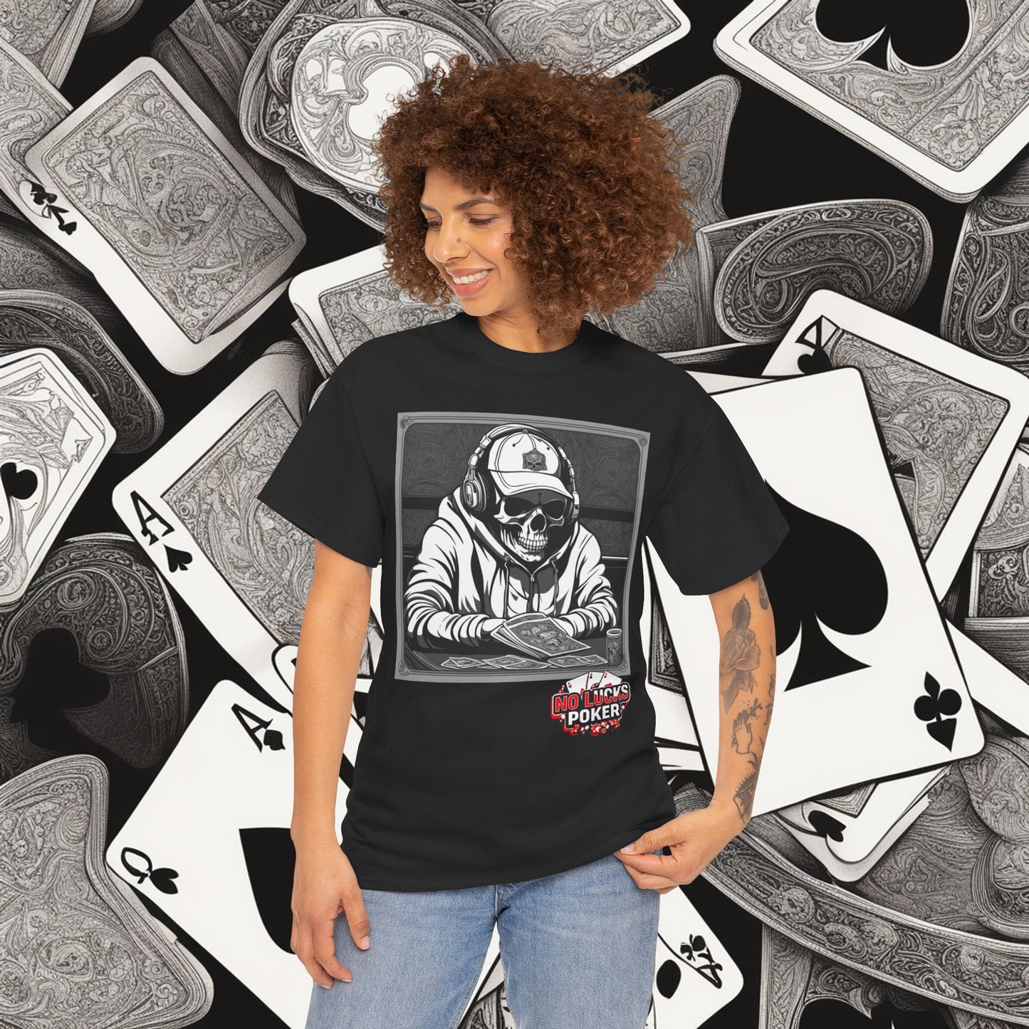 Poker Skull in hoodie and headphones unisex heavy cotton T-shirt No Lucks Given
