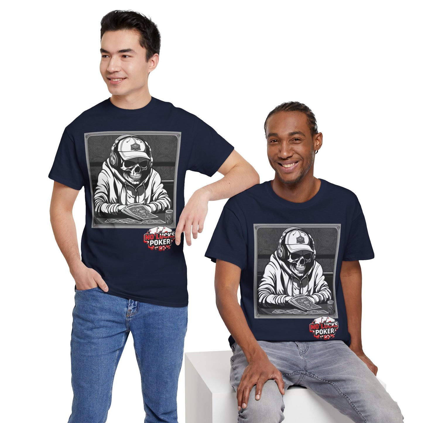 Poker Skull in hoodie and headphones unisex heavy cotton T-shirt No Lucks Given