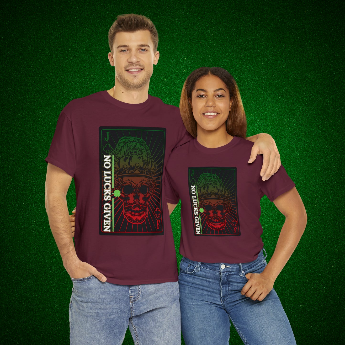 No Lucks Given Jack Skull in Crown of Clubs Green Red Poker T-Shirt Must have Good Luck All-in