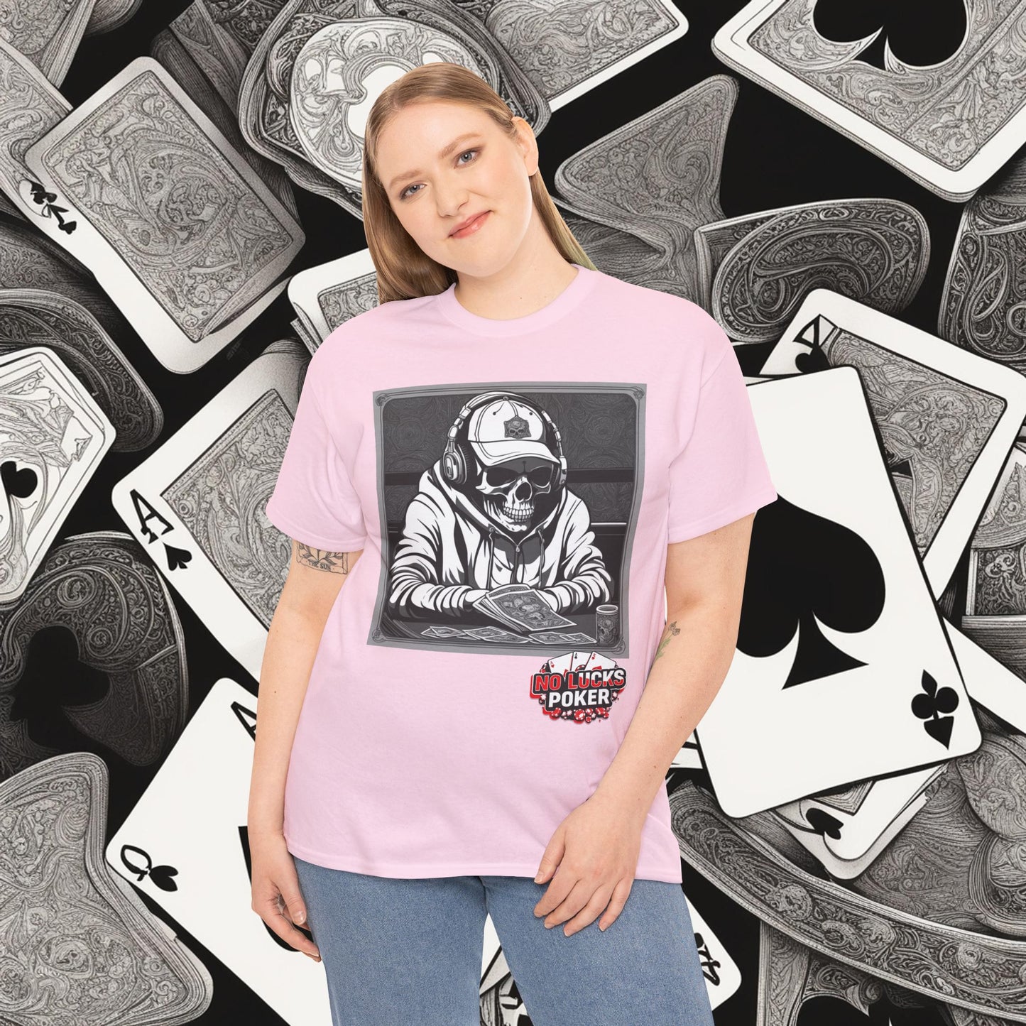 Poker Skull in hoodie and headphones unisex heavy cotton T-shirt No Lucks Given