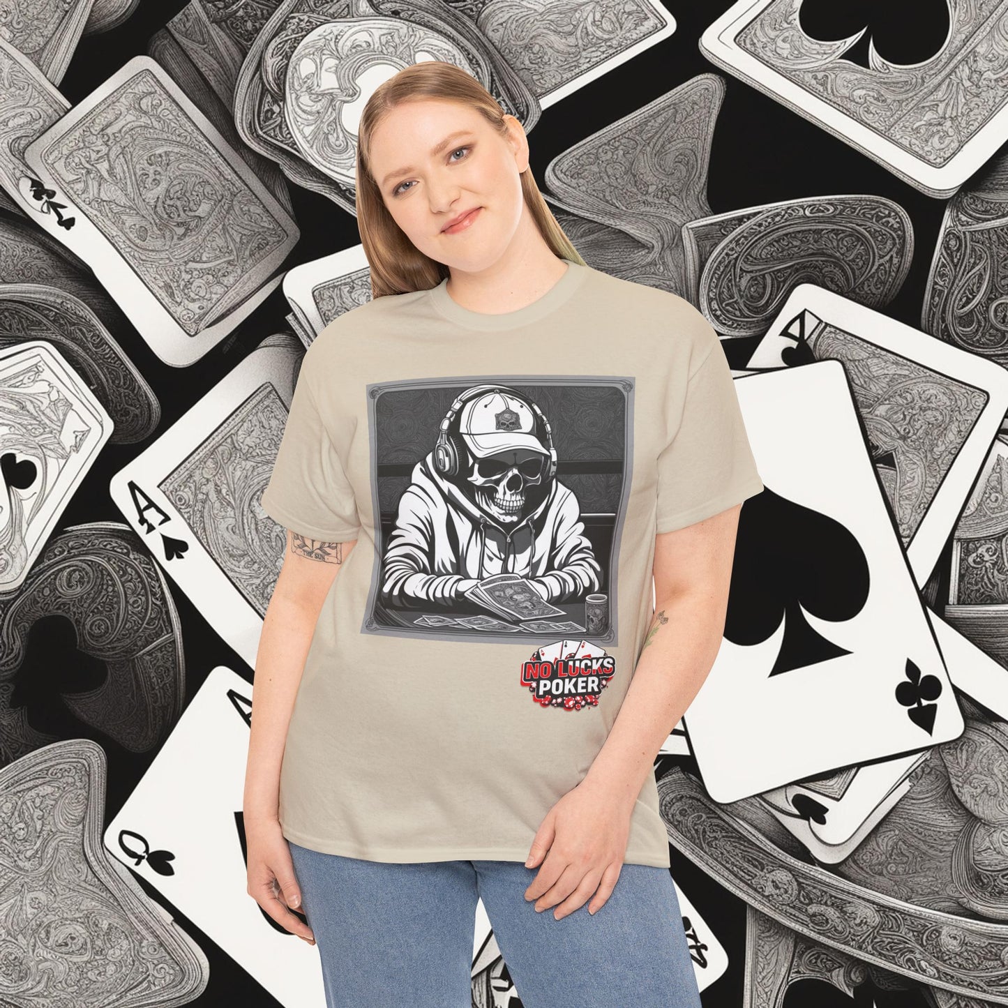 Poker Skull in hoodie and headphones unisex heavy cotton T-shirt No Lucks Given