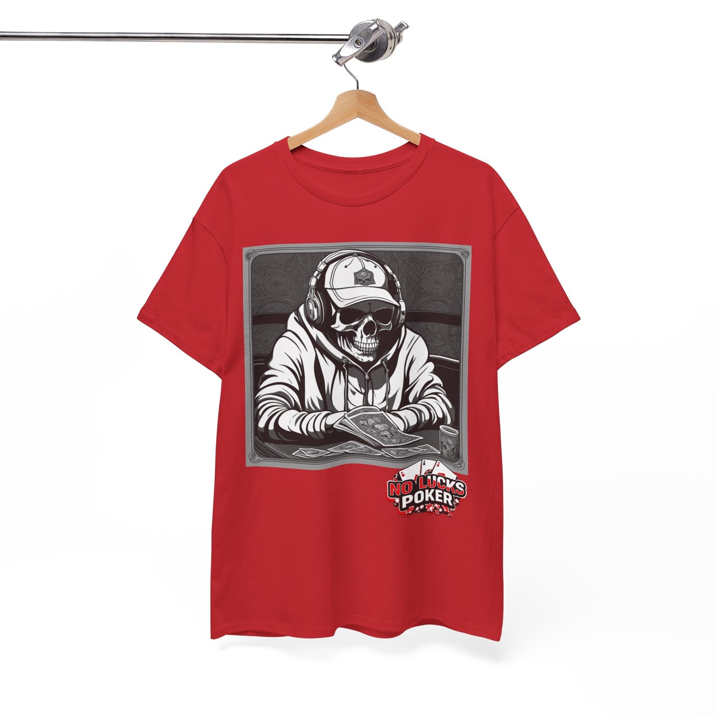 Poker Skull in hoodie and headphones unisex heavy cotton T-shirt No Lucks Given