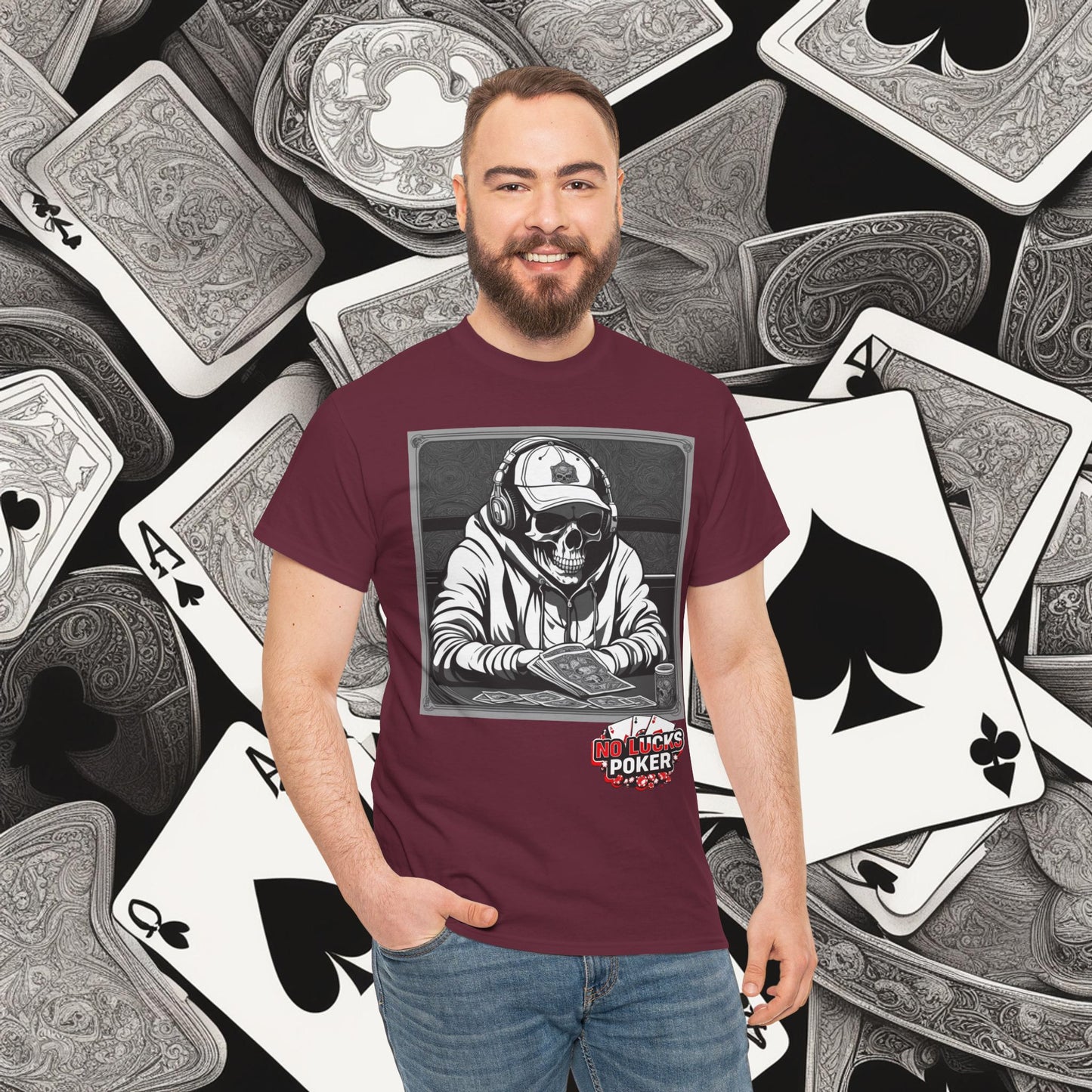 Poker Skull in hoodie and headphones unisex heavy cotton T-shirt No Lucks Given
