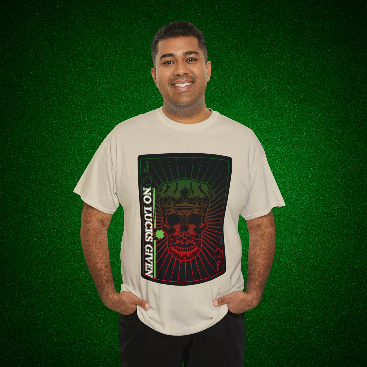 No Lucks Given Jack Skull in Crown of Spades Green Red Poker T-Shirt Must have Good Luck All-in