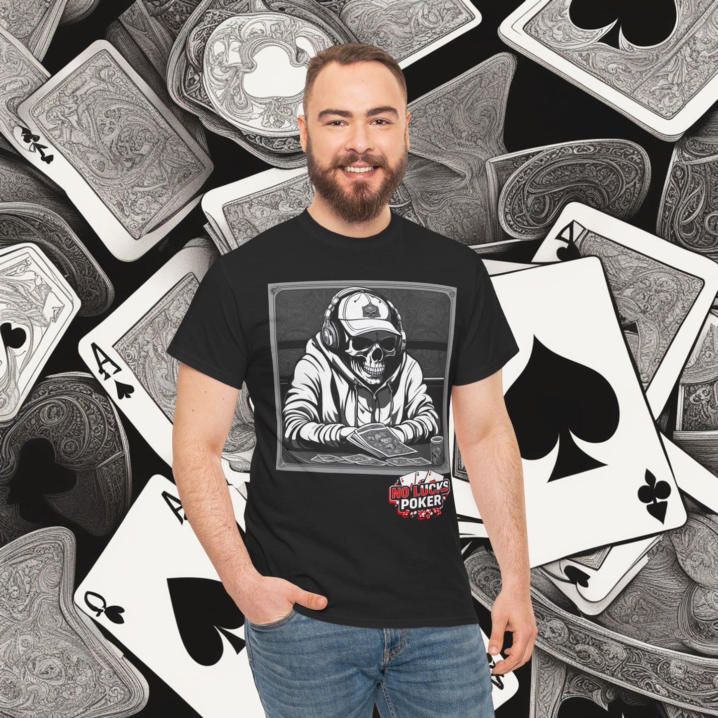 Poker Skull in hoodie and headphones unisex heavy cotton T-shirt No Lucks Given