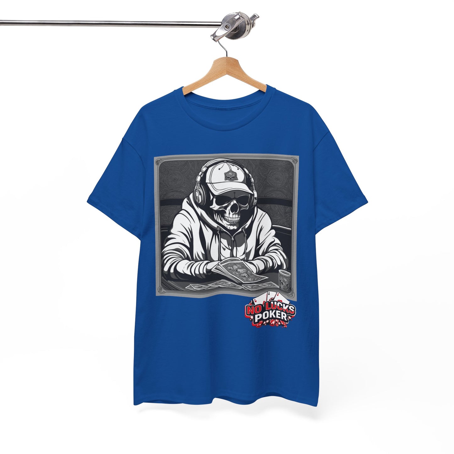 Poker Skull in hoodie and headphones unisex heavy cotton T-shirt No Lucks Given