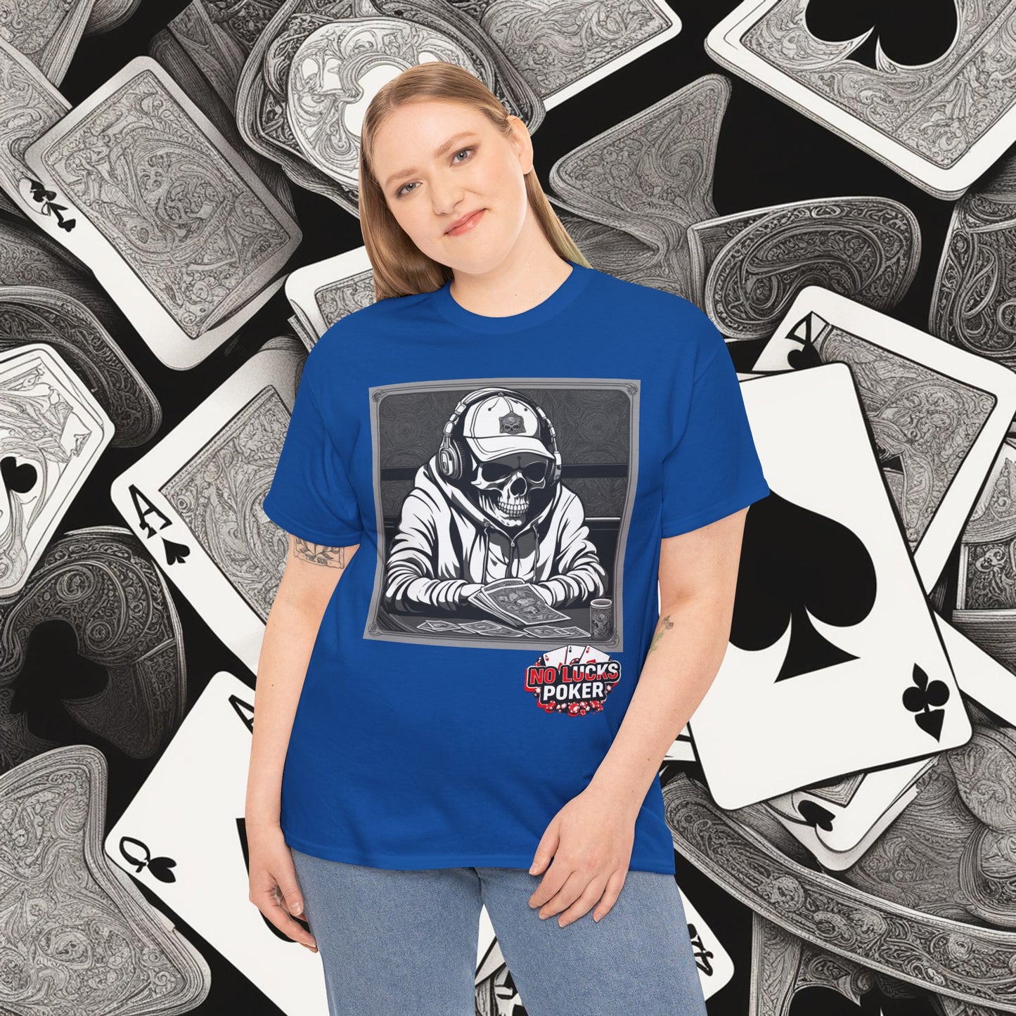Poker Skull in hoodie and headphones unisex heavy cotton T-shirt No Lucks Given