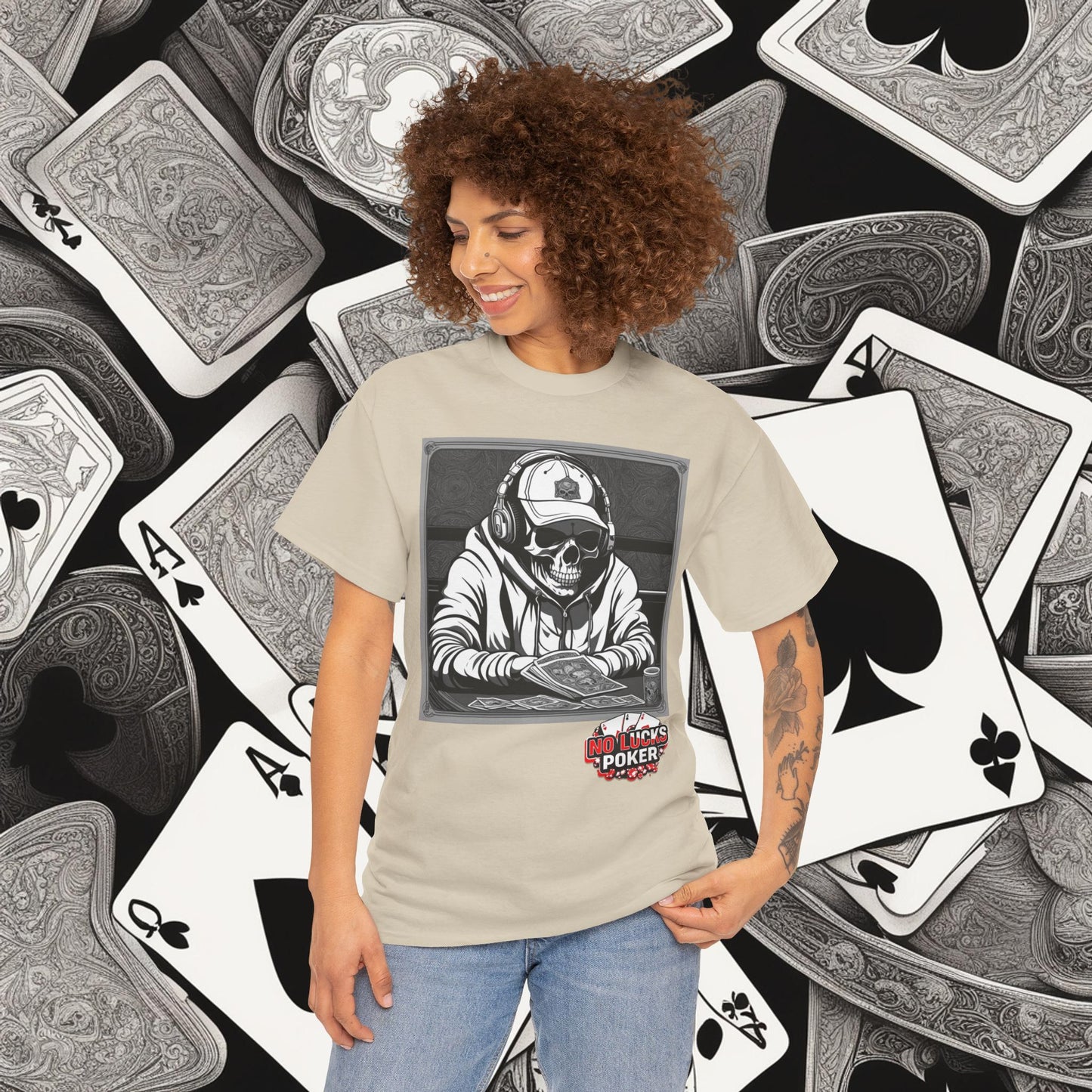 Poker Skull in hoodie and headphones unisex heavy cotton T-shirt No Lucks Given
