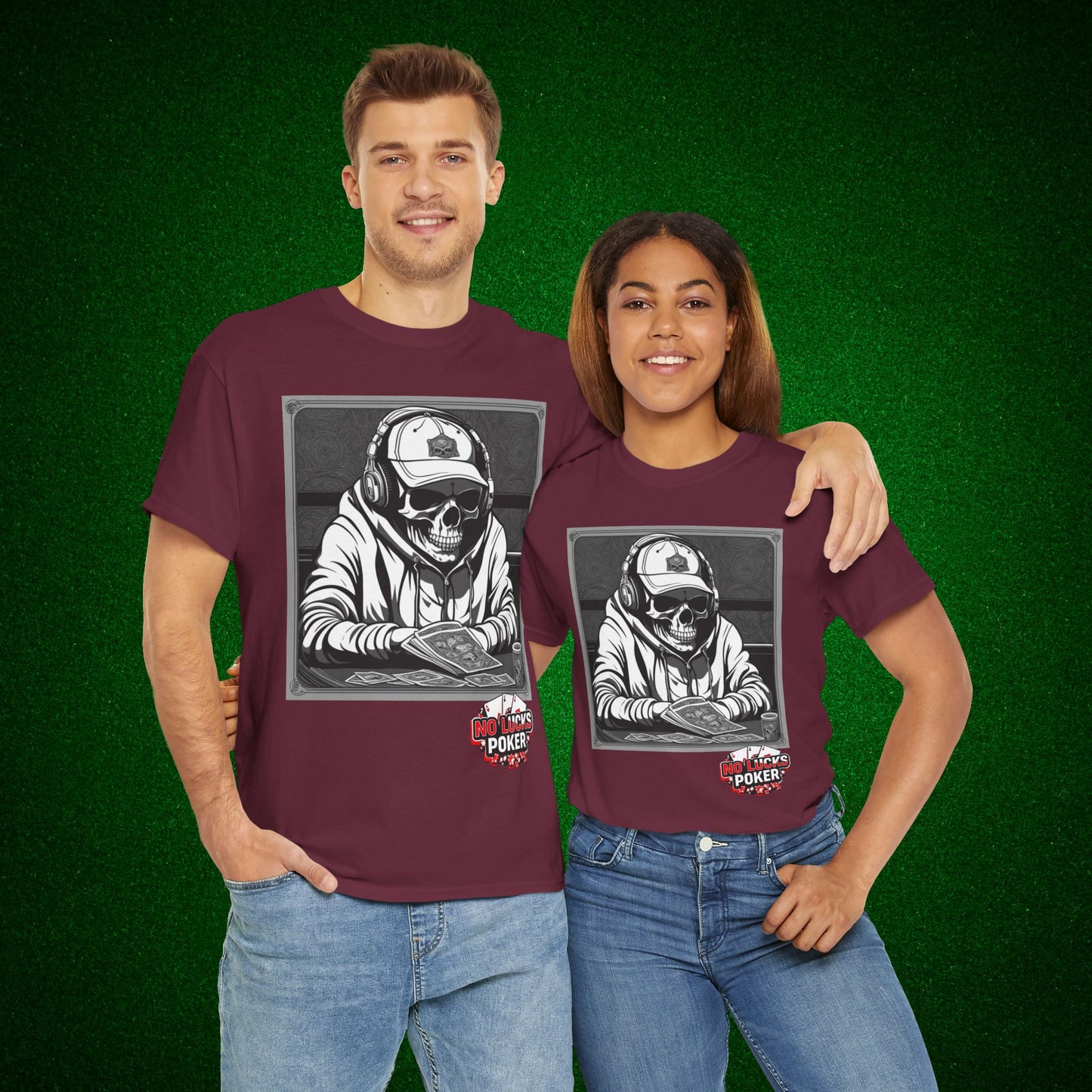 Poker Skull in hoodie and headphones unisex heavy cotton T-shirt No Lucks Given