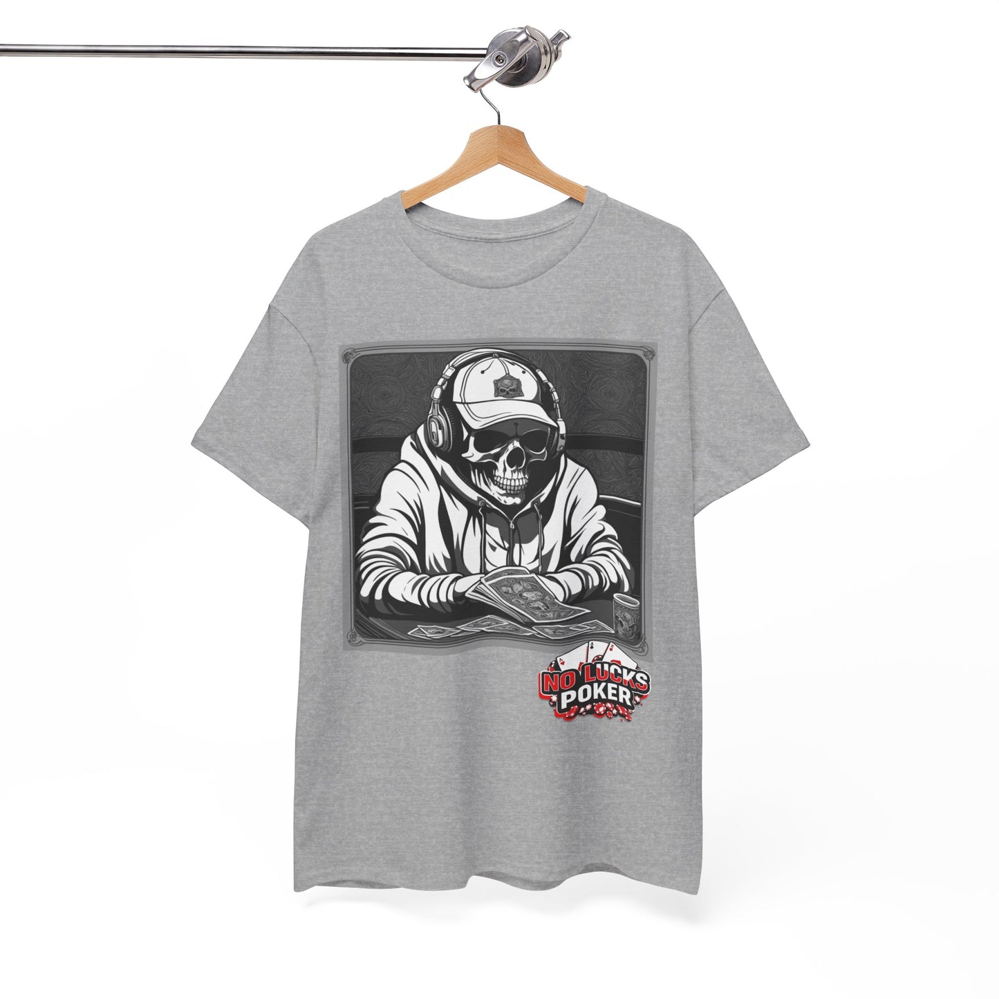 Poker Skull in hoodie and headphones unisex heavy cotton T-shirt No Lucks Given