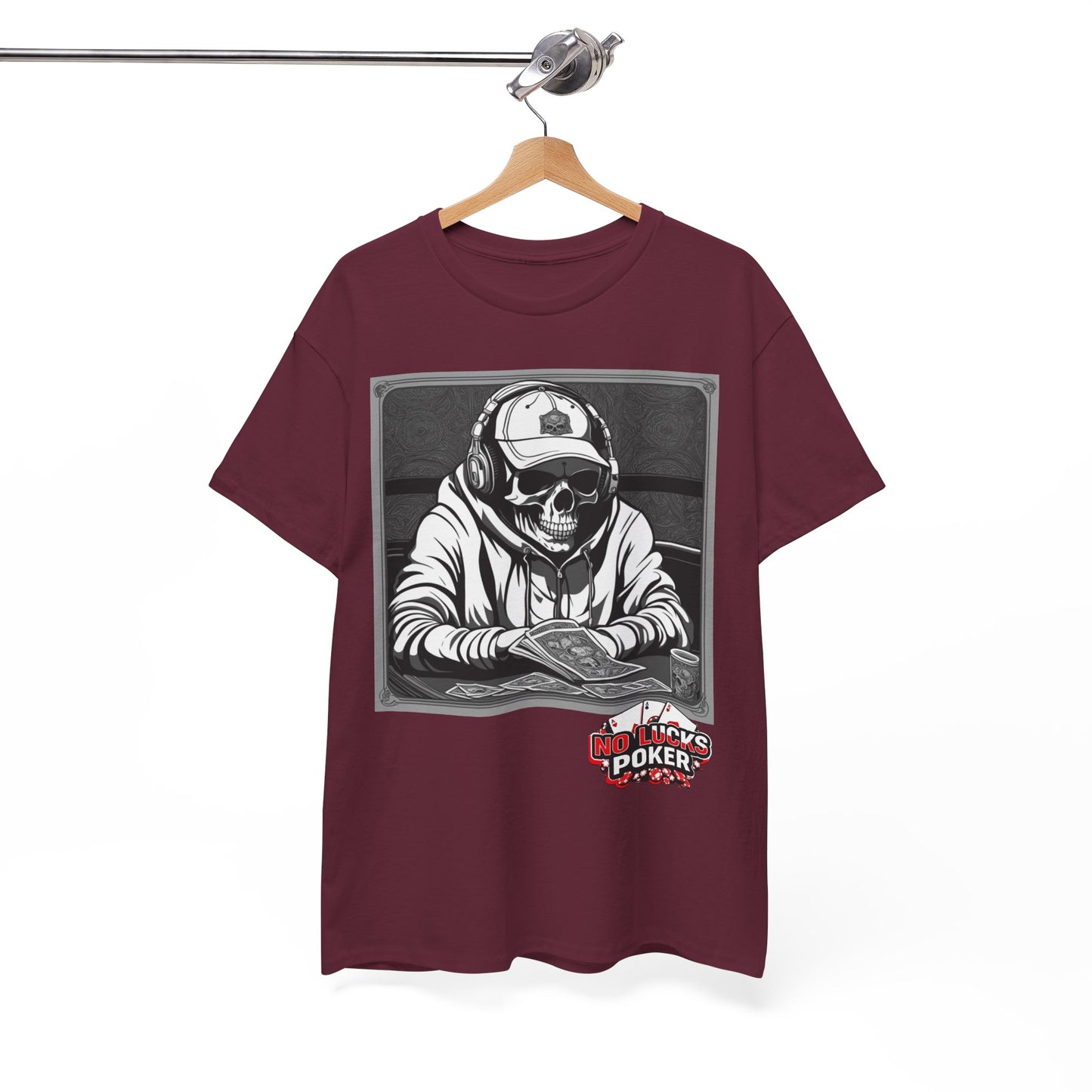 Poker Skull in hoodie and headphones unisex heavy cotton T-shirt No Lucks Given