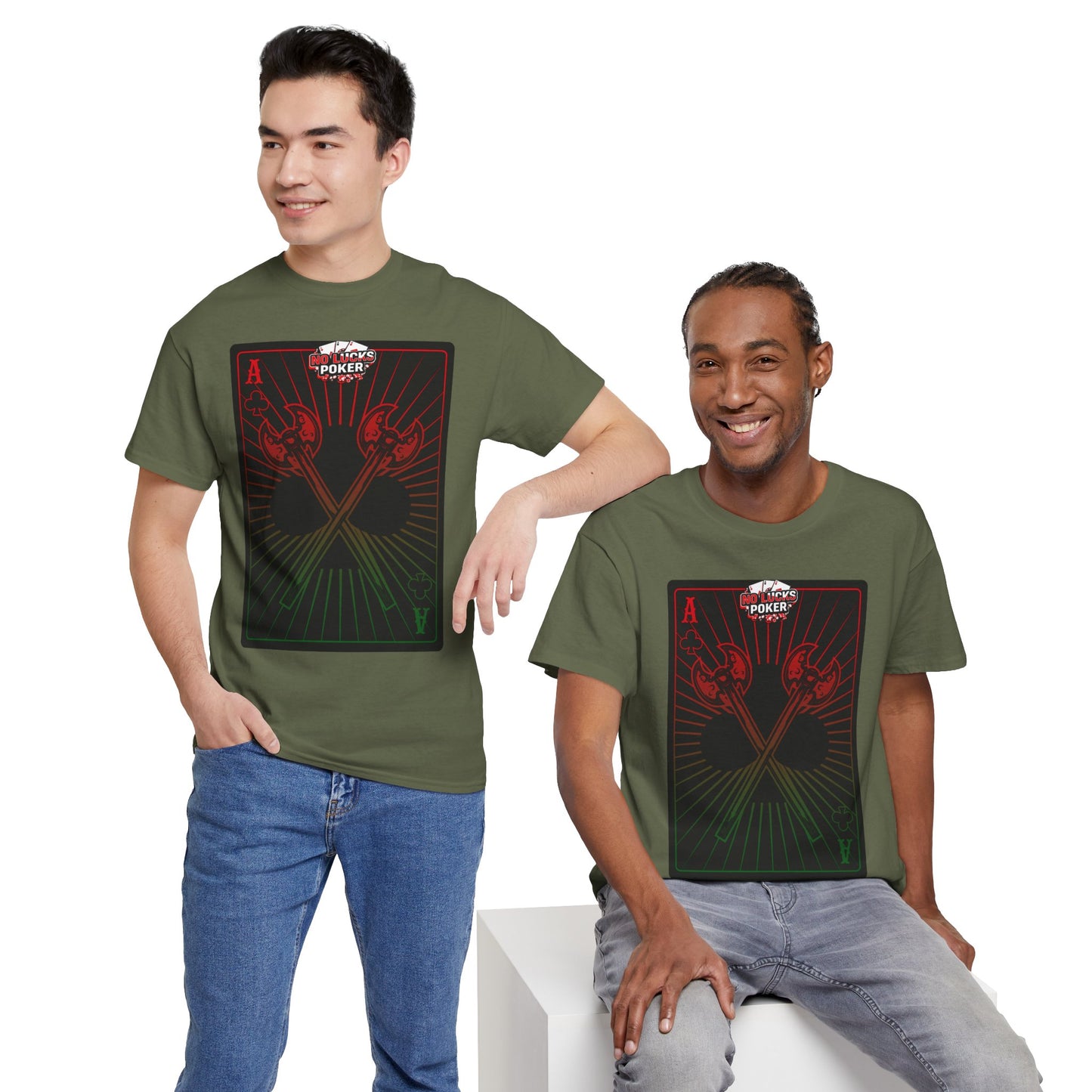 No Lucks Given Ace of Clubs card with two big axes Red Green Poker T-Shirt Must have Good Luck All-in