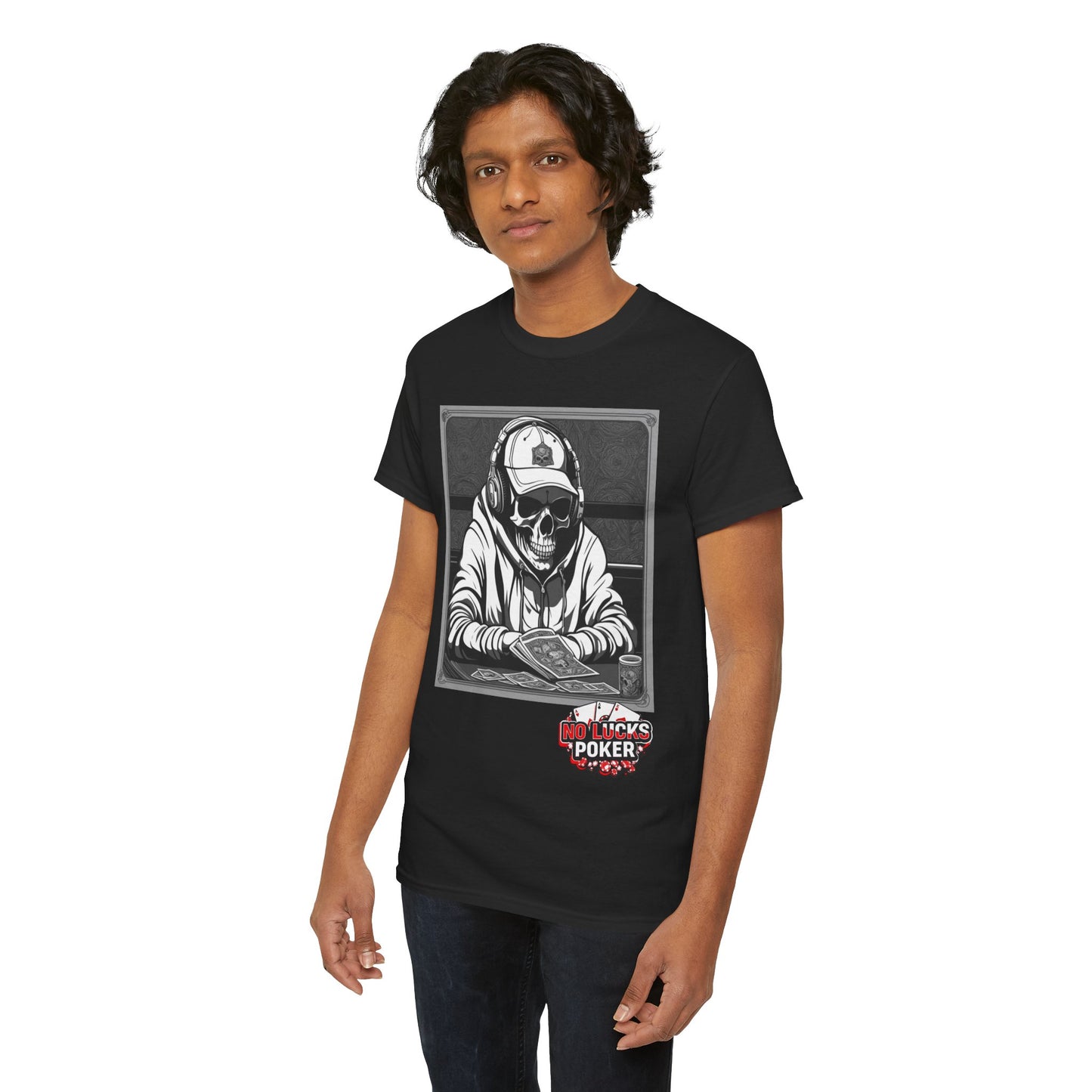 Poker Skull in hoodie and headphones unisex heavy cotton T-shirt No Lucks Given