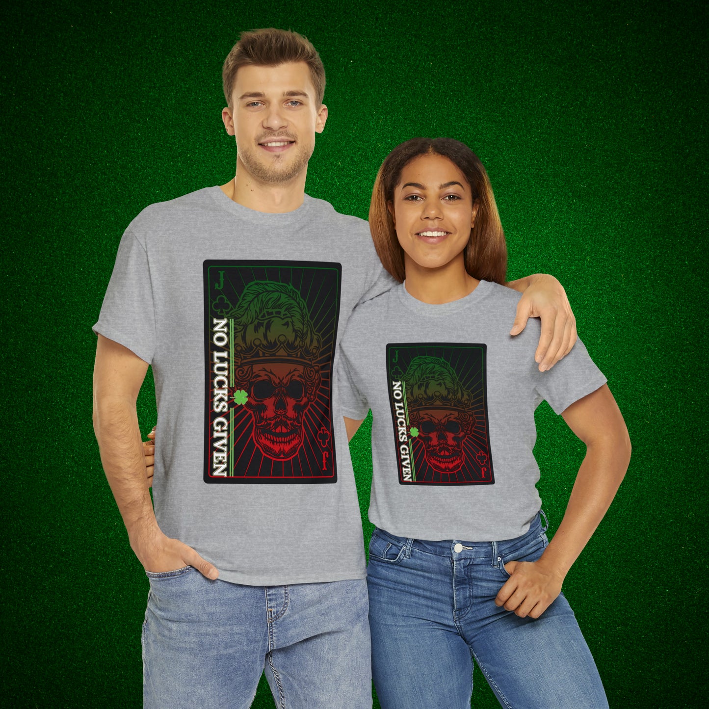 No Lucks Given Jack Skull in Crown of Clubs Green Red Poker T-Shirt Must have Good Luck All-in