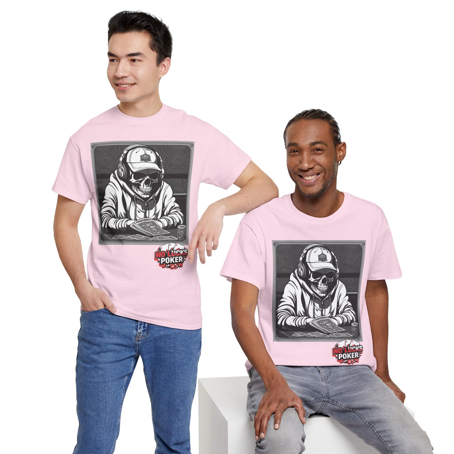 Poker Skull in hoodie and headphones unisex heavy cotton T-shirt No Lucks Given