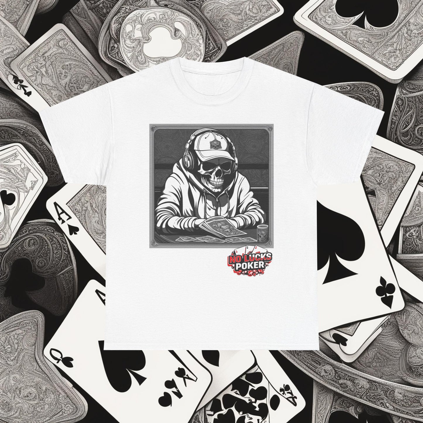 Poker Skull in hoodie and headphones unisex heavy cotton T-shirt No Lucks Given