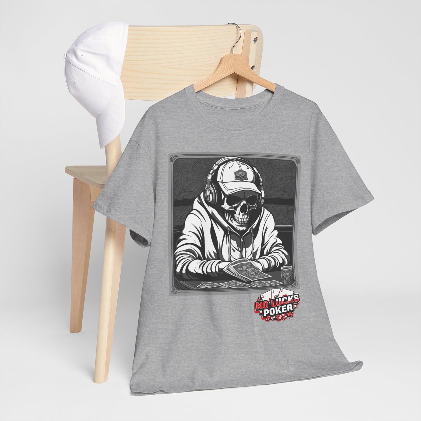 Poker Skull in hoodie and headphones unisex heavy cotton T-shirt No Lucks Given