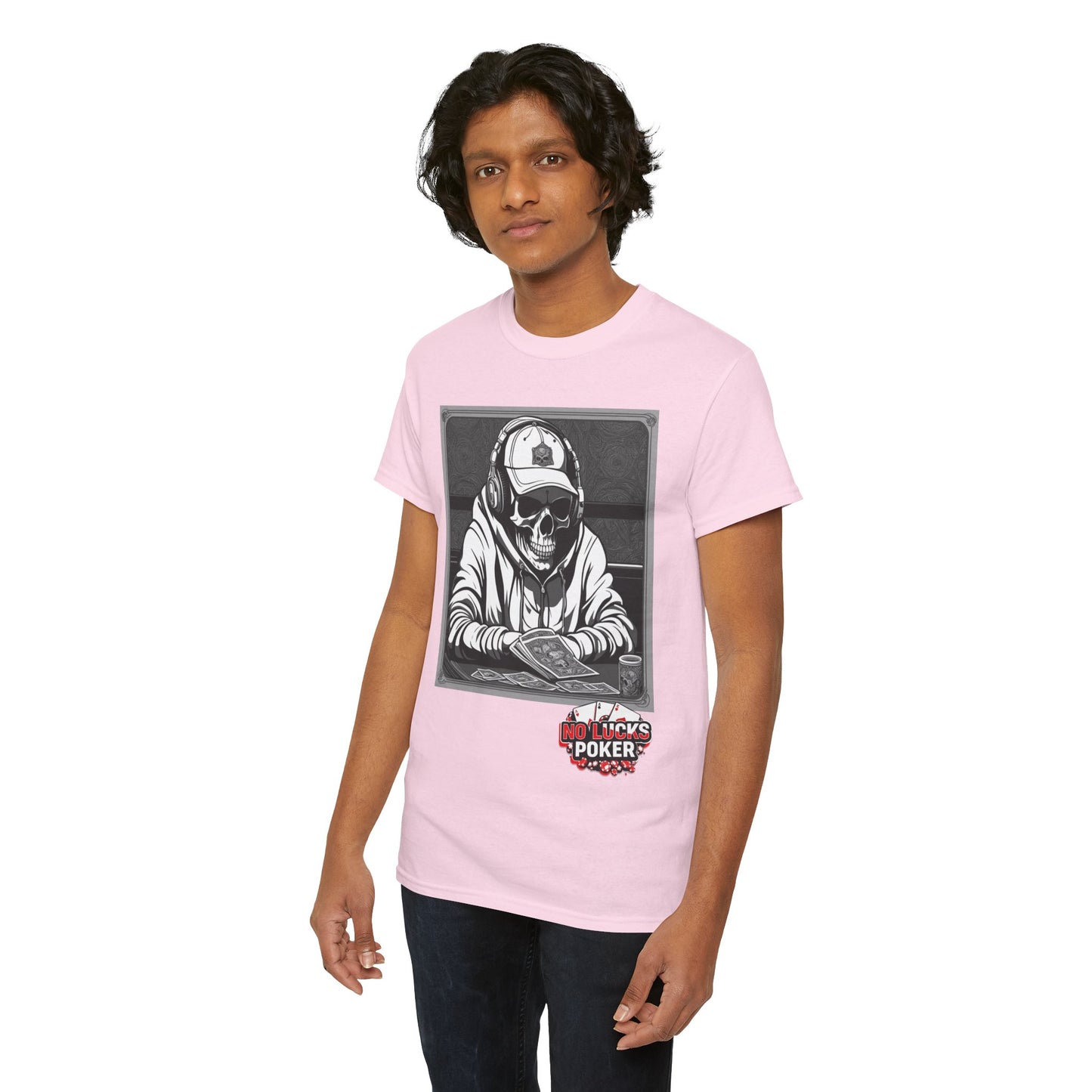 Poker Skull in hoodie and headphones unisex heavy cotton T-shirt No Lucks Given