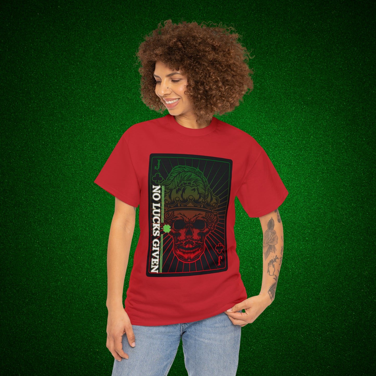 No Lucks Given Jack Skull in Crown of Clubs Green Red Poker T-Shirt Must have Good Luck All-in