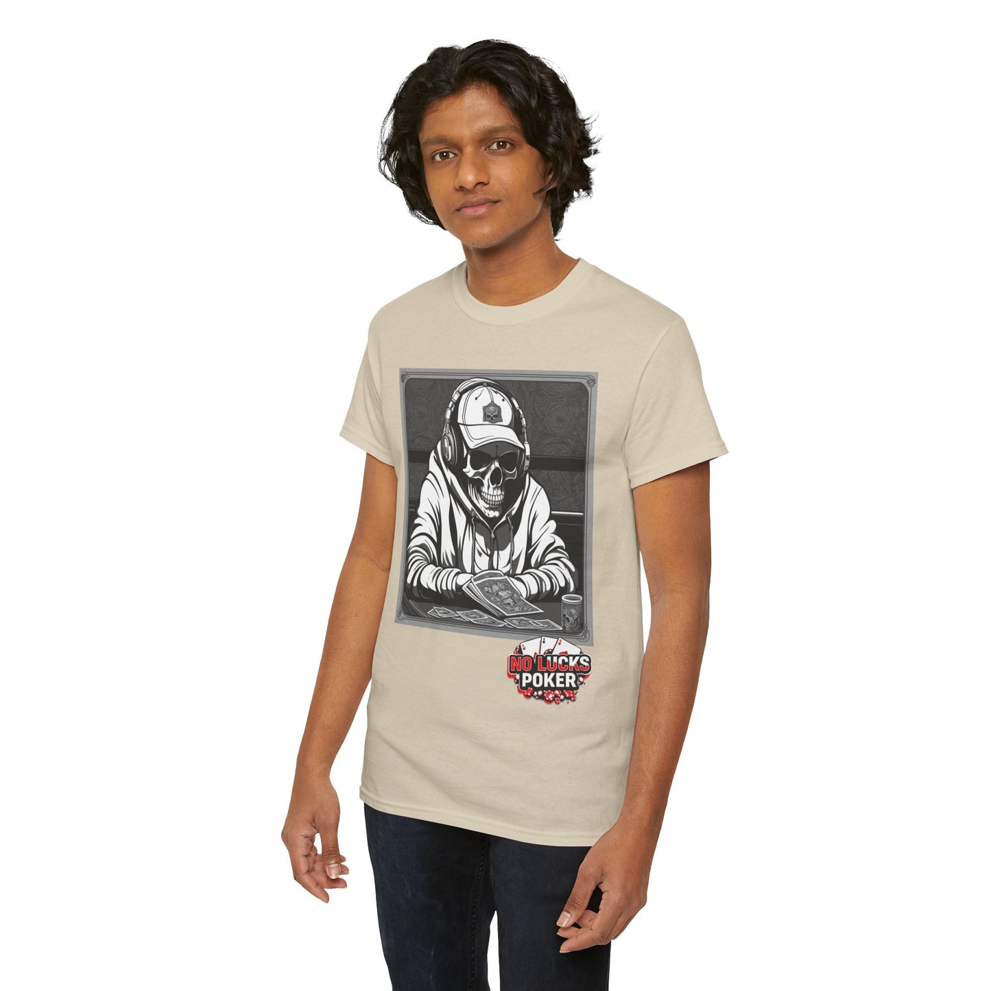 Poker Skull in hoodie and headphones unisex heavy cotton T-shirt No Lucks Given