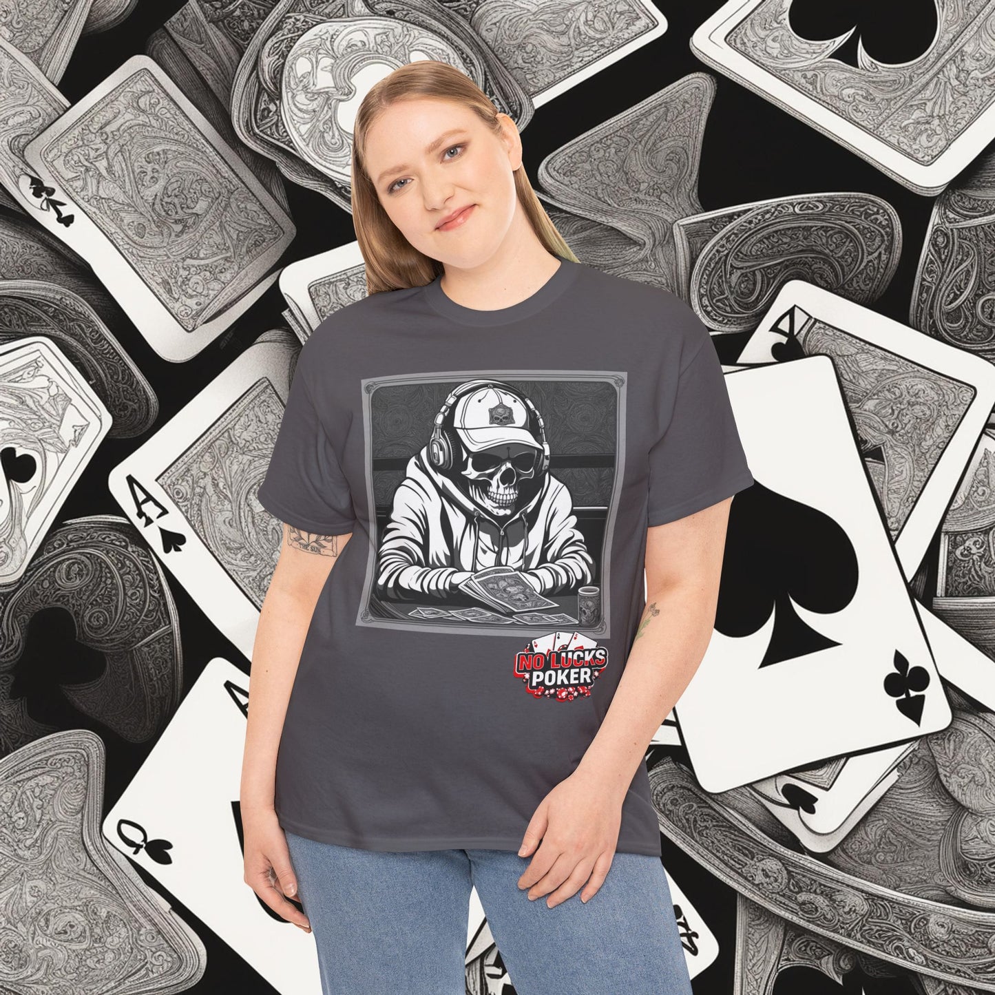 Poker Skull in hoodie and headphones unisex heavy cotton T-shirt No Lucks Given