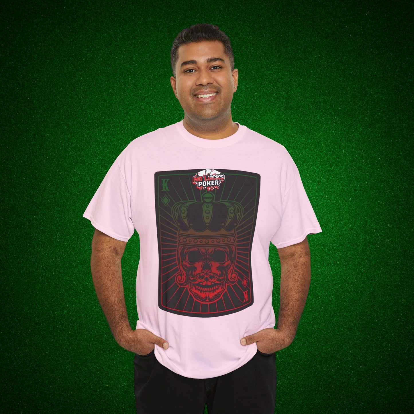 No Lucks Given Royal Skull King of Diamonds Red and Green Poker T-Shirt Must have Good Luck All-in