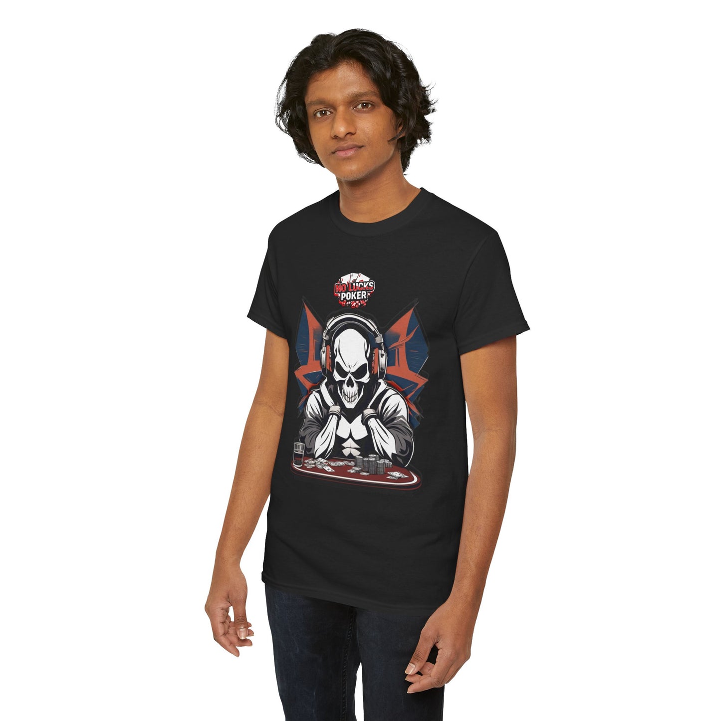 No Lucks Given – Hero/Villain Poker Skull Tee (Headphones Edition)