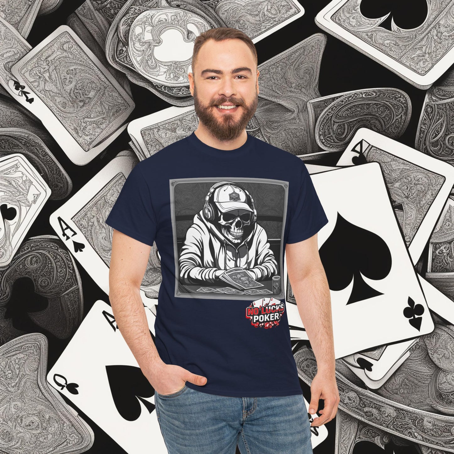 Poker Skull in hoodie and headphones unisex heavy cotton T-shirt No Lucks Given