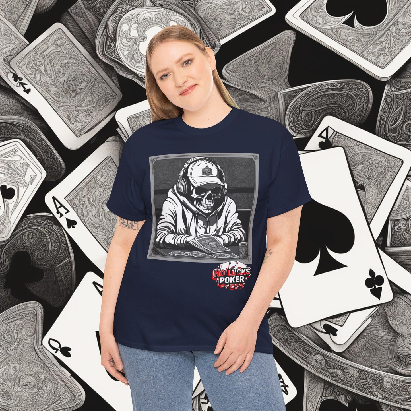 Poker Skull in hoodie and headphones unisex heavy cotton T-shirt No Lucks Given