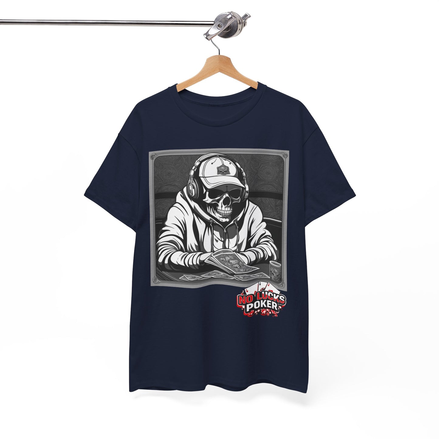 Poker Skull in hoodie and headphones unisex heavy cotton T-shirt No Lucks Given